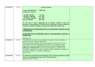 Art 01.03.16 -   A1.T3.4                                     A. Droit Commun

                           - Jusqu’à 250 000 FMG : 1 500 FMG
                           Fraction de revenu de:

                           - 251 000 à 500 000 :          5 p. 100;
                           - 501 000 à 1 000 000:        15 p. 100;
                           - 1 001 000 à 1 500 000:      25 p. 100;
                           Plus de 1 500 000     :       30 p. 100;

                           En tout état de cause, l’application de la réduction d’impôt à raison des
                           personnes à charge définie à l’article 01.03.19, ne doit pas avoir pour résultat de
                           ramener le montant de l’impôt au-dessous des minima fixés comme suit:

                           1 500 FMG pour les contribuables dont le revenu imposable est inférieur ou égal
                           à 250 000 FMG;

                           12 500 FMG pour les contribuables dont le revenu imposable est supérieur à
                           250 000 FMG.

                           (Modification)
Art 01.04.33.-   A1.T4.6   L’incorporation des réserves ou des bénéfices au capital n’est pas considérée, au
                           point de vue fiscal, comme une distribution.
                           Cette opération est assujettie à une taxe d’incorporation de 8p 100 qui n’est pas
                           perçue dans la limite où la capitalisation des réserves ou des bénéfices a pour
                           contrepartie l’acquisition préalable des biens d’investissement tels qu’ils sont
                           définis par l’article 01.01.07 ou des prises de participation au capital nouveau
                           d’entreprises industrielles, artisanales, agricoles, minières, hôtelières, touristiques ou
                           de transport installées ou s’installant à Madagascar.
                           (Rectification)
                           …..
Art 01.04.34.-   A1.T4.6   La réduction concernant les investissements visés à l’article précédent est égale
                           à la taxe correspondant à 50 pour cent de l’investissement.
                           (Modification du 1er alinéa)
                           ….

                                                                          8
 