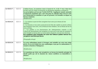 Art 02.01.17 -   A2.C1.2   A défaut d’actes, les mutations visées à l’article 02. 01. 15 III -3° font, l’objet dans
                           les deux mois de l’entrée en possession, de déclarations détaillées et estimatives.
                           Les prescriptions prévues par l’article 02.07.04. s’appliquent mutatis mutandis
                           à l’égard des organismes qui y sont visés pour les véhicules dont l’acte de vente
                           ou la déclaration de mutation n’a pas été présenté à la formalité ou déposé au
                           bureau compétent.
                           (Modification)

Art 02.01.25.-   A2.C1.3   1 - Les notaires ne peuvent faire enregistrer leurs actes qu’au bureau de leur
                           résidence;
                           2 - Les huissiers et tous autres ayant pouvoir de faire des exploits ou procès-verbaux
                           font enregistrer leurs actes, soit au bureau de leur résidence, soit au bureau du lieu où
                           ils les ont faits;
                           3 - Les greffiers et les fonctionnaires des Administrations centrales et des
                           Collectivités décentralisées font enregistrer les actes qu’ils sont tenus de soumettre à
                           cette formalité au bureau dans la circonscription duquel ils exercent leurs fonctions.
                           Les conditions dans lesquelles les actes des officiers publics doivent être
                           enregistrés sont fixées par décret.

                           (Paragraphe abrogé)

Art 02.01.30 -   A2.C1.3   Les actes authentiques passés à l’étranger sont assimilés aux actes sous seings
                           privés. Il en est de même des actes authentiques reçus par les ambassadeurs et
                           consuls en fonction à Madagascar.

                           (Modification)
                           …..
Art 02.01.32 -   A2.C1.4   Les mutations par décès sont enregistrées au bureau du domicile principal du
                           décédé quelle que soit la situation des valeurs mobilières ou immobilières à
                           déclarer.

                           (Modification)
                           …..

                                                                         9
 