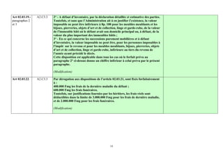 Art 02.03.19.-   A2.C3.3   2° - A défaut d’inventaire, par la déclaration détaillée et estimative des parties.
paragraphes 2              Toutefois, et sans que l’Administration ait à en justifier l’existence, la valeur
et 3                       imposable ne peut être inférieure à 8p. 100 pour les meubles meublants et les
                           bijoux, pierreries, objets d’art et de collection, linge et garde-robe, de la valeur
                           de l’immeuble bâti où le défunt avait son domicile principal ou, à défaut, de la
                           valeur du plus important des immeubles bâtis ;
                           3° - En ce qui concerne les successions purement mobilières et à défaut
                           d’inventaire, la valeur imposable ne peut être, pour les personnes imposables à
                           l’impôt sur le revenu et pour les meubles meublants, bijoux, pierreries, objets
                           d’art et de collection, linge et garde-robe, inférieure au tiers du revenu de
                           l’année ayant précédé le décès.
                           Cette disposition est applicable dans tous les cas où le forfait prévu au
                           paragraphe 2° ci-dessus donne un chiffre inférieur à celui prévu par le présent
                           paragraphe.

                           (Modification)

Art 02.03.22.    A2.C3.3   Par dérogation aux dispositions de l’article 02.03.21, sont fixés forfaitairement
                           à:
                           400.000 Fmg les frais de la dernière maladie du défunt ;
                           600.000 Fmg les frais funéraires.
                           Toutefois, sur justifications fournies par les héritiers, les frais réels sont
                           déductibles dans la limite de 3.000.000 Fmg pour les frais de dernière maladie,
                           et de 2.000.000 Fmg pour les frais funéraires.

                           (Modification)




                                                                       14
 