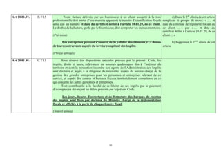 Art 10.01.37.-   B.T1.5           Toute facture délivrée par un fournisseur à un client assujetti à la taxe              a) Dans le 1er alinéa de cet article
                          professionnelle doit porter d’une manière apparente le numéro d’identification fiscale remplacer le groupe de mots : « …. et
                          ainsi que les numéro et date du certificat défini à l’article 10.01.29, de ce client. date du certificat de régularité fiscale de
                          Le double de la facture, gardé par le fournisseur, doit comporter les mêmes mentions. ce client … » par « … et date du
                                                                                                                 certificat défini à l’article 10.01.29, de ce
                          (Précision)                                                                            client… »

                                 Les entreprises peuvent s’assurer de la validité des éléments ci – dessus          b) Supprimer le 2ème alinéa de cet
                          de leurs contractants auprès du service compétent des impôts.                    article.

                          (Phrase abrogée)

Art 20.01.40.-   C.T1.5           Sous réserve des dispositions spéciales prévues par le présent Code, les
                          impôts, droits et taxes, redevances ou sommes quelconques dus à l’intérieur du
                          territoire et dont la perception incombe aux agents de l’Administration des Impôts
                          sont déclarés et payés à la diligence du redevable, auprès du service chargé de la
                          gestion des grandes entreprises pour les personnes et entreprises relevant de ce
                          service, et auprès des centres et bureaux fiscaux territorialement compétents en ce
                          qui concerne les autres personnes et entreprises.
                                  Tout contribuable a la faculté de se libérer de ses impôts par le paiement
                          d’acomptes en devançant les délais prescrits par le présent Code.

                                  Les jours, heures d’ouverture et de fermeture des bureaux de recettes
                          des impôts, sont fixés par décision du Ministre chargé de la réglementation
                          fiscale et affichés à la porte de chaque Centre fiscal.

                          (Nouvel alinéa)




                                                                       30
 