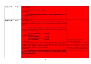 Art 01.02.03.-   A1.T2.1   Article 01.02.03.- 2° et 5°
                                   ….
                                   2- Les intérêts des revenus épargnés ;
                           (Modification)

                                   5- Les intérêts des revenus épargnés        visés au paragraphe b (3) de
                           l’article 01.02.40 ci-après;

                           (Paragraphe abrogé)
Art 01.02.36.-   A1.T1.7   Article 01.02.36.-
                                   Pour le calcul de l’impôt, les revenus déterminés conformément aux
                           dispositions des articles 01.02.09 à 01.02.13 sont arrondis au millier de francs
                           inférieur.

                                   L’impôt est calculé en appliquant aux tranches du revenu imposable les taux
                           qui leur correspondent dans le barème ci-dessous ; le montant dû est égal à la somme
                           des résultats de chaque tranche :

                                   - jusqu’à 1 000 000 FMG : …10 000 FMG
                           Fraction de revenu de :
                                   - 1 001 000 à 2 500 000 : ……… 5 p 100
                                   - 2 501 000 à 20 000 000 : ……. 15 p 100
                                   - Plus de 20 000 000 : ………… 30 p 100                                              Légalisation de la note N° 98-
                           (Modification)                                                                            MEFB/SG/DGI/DLF/SE
                                   En tout état de cause, le montant obtenu après application de la réduction                du 30.05.03 relative au minimum
                           d’impôt définie au chapitre IX ci-après ne doit être inférieur ni à 5 p 1000 du chiffre   de perception à l’IRNS sur la vente au
                           d’affaires réalisé pendant l’exercice considéré, ni à 25 000 FMG pour les                 détail de carburants. Cette mesure
                           contribuables non soumis à la taxe professionnelle.                                       concerne les activités des gérants de
                           (Modification)                                                                            station service, pour lesquelles la marge
                                   Par dérogation ce minimum est ramené à 1 pour 1000 du chiffre                     est inversement proportionnelle au CA.
                           d’affaires réalisé pendant l’exercice considéré pour les contribuables vendant
                           des carburants au détail.

                           (Nouvel alinéa)

                                                                        8
 