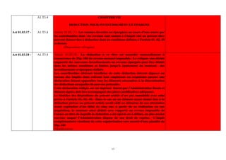 A1.T3.4                                   CHAPITRE VII

                                      DEDUCTION POUR INVESTISSEMENT ET EPARGNE

Art 01.03.17 -   A1.T3.4   Article 01.03.17.- Les sommes investies ou épargnées au cours d’une année par
                           les contribuables dont les revenus sont soumis à l’Impôt visé au présent titre
                           peuvent donner lieu à déduction dans les conditions définies à l’article 01. 02. 40
                           ci-dessus.
                                  (Dispositions abrogées)

Art 01.03.18 -   A1.T3.4   Article 01.03.18.- La déduction à ce titre est accordée mensuellement à
                           concurrence de 25p. 100 du revenu mensuel imposable. Le reliquat non-déduit
                           augmenté des nouveaux investissements ou revenus épargnés peut être déduit
                           dans les mêmes conditions et limites jusqu’à épuisement du montant des
                           investissements et épargnes réalisés.
                           Les contribuables désirant bénéficier de cette déduction doivent déposer au
                           bureau des Impôts dont relèvent leur employeur ou organisme payeur une
                           déclaration faisant apparaître tous les éléments nécessaires à la détermination
                           des déductions auxquelles ils peuvent prétendre.
                           Cette déclaration rédigée sur un imprimé fourni par l’Administration fiscale et
                           dûment signée, doit être accompagnée des pièces justificatives adéquates.
                           Le bénéfice des dispositions du présent article n’est pas cumulable avec celui
                           prévu à l’article 01. 02. 40. Dans le cas où un élément ayant donné lieu à la
                           déduction prévue au présent article serait cédé ou détourné de son attestation
                           avant expiration d’un délai de cinq ans à partir de sa réalisation ou son
                           acquisition, le montant ainsi déduit sera rapporté au revenu imposable de
                           l’année au titre de laquelle la déduction a été opérée ou à défaut, au plus ancien
                           exercice auquel l’Administration dispose de son droit de reprise. L’impôt
                           complémentaire résultant de cette régularisation sera assorti d’une pénalité de
                           25p. 100
                           (Modification)




                                                                      13
 