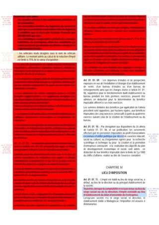 Loi N 2003-037   Néanmoins sont admis :                                                   que les investissements réalisés au cours de l’exercice figurent      Loi N 2003-037
                                                                                          au bilan et sur un relevé à annexer à la déclaration annuelle des
  du 30/12/03
   (LF 2004)        -les meubles affectés à des exploitations hôtelières et                                                                                       du 30/12/03
                                                                                                                                                                   (LF 2004)
  JO N 2882
  du 05/01/04
                    de restauration,                                                      bénéfices et dont le modèle est fixé par l’Administration.              JO N 2882
                                                                                                                                                                  du 05/01/04
                    -les immeubles destinés au logement du personnel
                                                                                          Si ces deux conditions ne sont pas remplies, l’Administration
                    ainsi que ceux destinés à la location à titre de logement
                                                                                          calculera l’impôt sans tenir compte des investissements
                    à condition que le loyer par locataire n’excède pas
                                                                                          réalisés.
                    250.000 FMG par mois,
                    -les emballages récupérables portant les marques                      Toutefois, pour les investissements prévus aux 3è, 4è et 5è ci-
                    indélébiles de l’entreprise, dans les conditions qui                  dessus, la production du relevé suffit.
                    seront précisées par décision du Ministre chargé de la                Dans le cas où l’élément ayant donné lieu à la réduction prévue
                    réglementation fiscale ;                                              au présent article serait cédé ou détourné de son affectation
Loi N 2001-029       - les véhicules neufs désignés sous le nom de véhicule               avant expiration d’un délai de cinq ans à partir de sa réalisation
  du 09/01/02
   (LF 2002)         utilitaire. Le montant admis au calcul de la réduction d'impôt       ou de son acquisition, l’entreprise est soumise à une amende
  JO N 2761
  du 11/03/02        est limité à 75% de la valeur d'acquisition ;                        égale à 25 pour cent de l’impôt effectivement déduit sans
                                                                                          préjudice de l’obligation de reverser cet impôt.
                 2 La prise de participation au capital nouveau d’entreprises
                 industrielles, artisanales, agricoles, minières, hôtelières,             Ces sanctions ne sont toutefois pas appliquées lorsque la
Loi N 2003-037
  du 30/12/03    touristiques ou de transport ou au capital des sociétés visées à         nouvelle affectation est conforme à l’une des conditions
   (LF 2004)
  JO N 2882      l’article 01. 01. 03. 5° ci-dessus.                                      énumérées à l’article 01. 01. 07 ci-dessus.
  du 05/01/04
                 3 Les dépenses engagées pour la formation professionnelle
                                                                                          Art. 01. 01. 09. - Les dépenses d’études et de prospection
                 du personnel national dispensé par un organisme dûment agréé
                                                                                          exposées en vue de l’installation à l’étranger d’un établissement
                 par les autorités compétentes et ayant un lien direct avec
                                                                                          de vente, d’un bureau d’études ou d’un bureau de
                 l’activité de l’entreprise.
                                                                                          renseignements ainsi que les charges visées à l’article 01. 01.
                 4 Les dépenses de salaire engagées pour la création                      06, supportées pour le fonctionnement dudit établissement ou
                 d’emplois supplémentaires. Ce supplément d’emplois sera                  bureau pendant les trois premiers exercices, peuvent être
                 calculé par rapport à l’effectif salarié de l’entreprise le plus élevé   admises en déduction pour la détermination du bénéfice
                 d’une des trois années précédentes.                                      imposable afférent à ces trois exercices.
                 Pour les entreprises nouvellement créées, l’effectif salarié de la
                                                                                          Les sommes déduites des bénéfices par application de l’alinéa
                 première année ouvrira droit à réduction.
                                                                                          précédent sont rapportées, par fractions égales, aux bénéfices
                 5 Les dépenses de construction et d’entretien d’infrastructures          imposables des cinq exercices consécutifs à partir du quatrième
                 publiques directement nécessaires à l’exploitation de                    exercice suivant celui de la création de l’établissement ou du
                 l’entreprise.                                                            bureau.
                 6 Les dépenses d’acquisition, de construction ou d’installation
                                                                                          Art. 01. 01. 10. - Par dérogation aux dispositions du 2è alinéa
                 d’immeubles et d’équipements sportifs, artistiques ou culturels
                                                                                          de l’article 01. 01. 06, et sur justification, les versements
                 créés et réalisés dans le cadre d’une Convention passée avec
                                                                                          effectués par les personnes imposables au profit d’associations
                 le Ministère chargé de la Réglementation fiscale et le Ministère                                                                               Loi N 2000-024
                                                                                          reconnues d’utilité publique par décret de caractère éducatif,          du 05/01/01
                 des Finances.                                                                                                                                     (LF 2001)
                                                                                          social ou culturel, ou d’organismes agréés pour la recherche            JO N 2683

                 Art. 01. 01. 08. - La réduction concernant les investissements           scientifique et technique ou pour la création et la promotion           du 12/01/01

Loi N 2003-037
  du 30/12/03    visés à l’article 01. 01. 07 précédent est égale à l’impôt               d’entreprises concourant à la réalisation des objectifs du plan
   (LF 2004)
                 correspondant à 50 pour cent de l’investissement réalisé.                de développement économique et social, sont admis en
  JO N 2882
  du 05/01/04                                                                             déduction de leur bénéfice imposable dans la limite de 5 p 1000
                 Toutefois, pour les investissements visés aux 3, 4 et 5 de               du chiffre d’affaires réalisé au titre de l’exercice considéré.
                 l’article précédent, la réduction est égale à l’impôt
                 correspondant respectivement à 10, 10 et 5 pour cent du
                 montant des dépenses engagées au cours de l’exercice.
                 Le taux de l’impôt à retenir pour le calcul de la réduction visée                                CHAPITRE IV
                 aux alinéas précédents est celui fixé, pour le calcul de l’IBS, à                           LIEU D’IMPOSITION
                 l’article 01. 01. 16 du présent titre.
                 La réduction au titre de l’année d’imposition ne peut toutefois          Art. 01. 01. 11. - L’impôt est établi au lieu du siège social ou, à
                 excéder 50 pour cent de l’impôt effectivement dû. Le reliquat            défaut, au lieu de la direction ou du principal établissement de
                 peut être reporté dans la même limite sur les impôts des années          la société.
                 suivantes.                                                               Toutefois, lorsque la comptabilité n’est pas tenue au lieu du         Loi N 2000-024
                                                                                                                                                                  du 05/01/01
                                                                                          siège social ou de la direction, l’impôt estétabli au lieu               (LF 2001)
                 En tout état de cause, l’application des dispositions du présent         d’établissement du bilan d’ensemble de l’entreprise.                    JO N 2683

                 article ne dispense pas l’entreprise du paiement du minimum de
                                                                                                                                                                  du 12/01/01
                                                                                          Lorsqu’une société n’a ni siège social, ni direction, ni
                 perception prévu à l’article 01. 01. 16 du présent titre.                établissement stable à Madagascar, l’imposition est assurée à
                 Le bénéfice de cette réduction est subordonné à la condition             Antananarivo.
 
