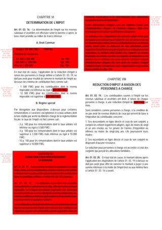 CHAPITRE VI                                   éléments nécessaires à la détermination des déductions                Loi N 2003-037
                                                                                                                                                               du 30/12/03
                                                                                       auxquelles ils peuvent prétendre.                                        (LF 2004)
                              DETERMINATION DE L’IMPOT                                                                                                         JO N 2882
                                                                                       Cette déclaration rédigée sur un imprimé fourni par                     du 05/01/04


                 Art. 01. 03. 16. - La détermination de l’impôt sur les revenus        l’Administration fiscale et dûment signée, doit être
                 salariaux et assimilés est effectuée selon le barème ci-après, la     accompagnée des pièces justificatives adéquates.
                 base étant arrondie au millier de francs inférieur.                   Le bénéfice des dispositions du présent article n’est pas
                                                                                       cumulable avec celui prévu à l’article 01. 02. 40. Dans le cas où
                                        A. Droit Commun                                un élément ayant donné lieu à la déduction prévue au présent
                                                                                       article serait cédé ou détourné de son attestation avant
Loi N 2003-037   - Jusqu’à 250 000 FMG :       1500FMG                                 expiration d’un délai de cinq ans à partir de sa réalisation ou son
  du 30/12/03
   (LF 2004)
                 Fraction de revenu de :                                               acquisition, le montant ainsi déduit sera rapporté au revenu
  JO N 2882
  du 05/01/04
                                                                                       imposable de l’année au titre de laquelle la déduction a été
                 - 251 000 à 500 000           :                   5p. 100 ;           opérée ou à défaut, au plus ancien exercice auquel
                 - 501 000 à 1 500 000         :                  15p. 100 ;           l’Administration dispose de son droit de reprise. L’impôt
                 Plus de 1 500 000             :                  30p. 100 ;           complémentaire résultant de cette régularisation sera assorti
                                                                                       d’une pénalité de 25p. 100.
                 En tout état de cause, l’application de la réduction d’impôt à
                 raison des personnes à charge définie à l’article 01. 03. 19, ne
                 doit pas avoir pour résultat de ramener le montant de l’impôt au-                            CHAPITRE VIII
                 dessous des minima de contribution fixés comme suit :
                                                                                              REDUCTION D’IMPOT A RAISON DES
                     - 1 500 FMG pour les contribuables dont le revenu
Loi N 2003-037
  du 30/12/03          imposable est inférieur ou égal à 500 000 FMG ;                            PERSONNES A CHARGE
   (LF 2004)
  JO N 2882          - 12 500 FMG pour les contribuables dont le revenu
  du 05/01/04
                       imposable est supérieur à 500 000 FMG ;                         Art. 01. 03. 19. - Les contribuables soumis à l’impôt sur les
                                                                                       revenus salariaux et assimilés ont droit, à raison de chaque          Loi N 2003-037
                                                                                                                                                               du 30/12/03
                                        B. Régime spécial                              personne à charge, à une réduction d’impôt de 1000 Fmg par               (LF 2004)
                                                                                       mois.                                                                   JO N 2882
                                                                                                                                                               du 05/01/04

                 Par dérogation aux dispositions ci-dessus pour certaines              Sont considérés comme personnes à charge, à la condition de
                 rémunérations à caractère exceptionnel et à taux unitaire dont        ne pas avoir de revenus distincts de ceux qui servent de base à
                 la liste établie par arrêté du Ministre chargé de la réglementation   l’imposition du contribuable concerné :
                 fiscale, le taux de l’impôt est fixé comme suit :
                                                                                       1. Ses descendants en ligne directe et ceux de son conjoint, y
                     - 2 p. 100 pour les rémunérations dont le taux unitaire est       compris les enfants légalement adoptés, âgés de moins de vingt
                       inférieur ou égal à 3.500 FMG ;                                 et un ans révolus au 1er janvier de l’année d’imposition ou
                     - 4 p. 100 pour les rémunérations dont le taux unitaire est       infirmes ou moins de vingt-cinq ans s’ils poursuivent leurs
                       supérieur à 3.500 FMG mais inférieur ou égal à 10.000           études ;
                       FMG ;
                     - 10 p. 100 pour les rémunérations dont le taux unitaire est      2. Ses ascendants en ligne directe et ceux de son conjoint ne
                       supérieur à 10.000 FMG.                                         disposant d’aucune ressource.
                                                                                       La réduction pour personnes à charge est accordée à celui des
                                                                                       conjoints qui perçoit les allocations familiales.
Loi N 2003-037                       CHAPITRE VII
  du 30/12/03
   (LF 2004)                DEDUCTION POUR INVESTISSEMENT                              Art. 01. 03. 20. - En tout état de cause, le montant obtenu après
  JO N 2882
  du 05/01/04
                                     ET EPARGNE                                        l’application des dispositions de l’article 01. 03. 19 ci-dessus ne
                                                                                       doit pas avoir pour effet de ramener le montant à payer à une
                 Art. 01. 03. 17. - Les sommes investies ou épargnées au cours         somme inférieure à la moitié de l’impôt brut ou aux minima fixés
                 d’une année par les contribuables dont les revenus sont soumis        à l’article 01. 03. 16 ci-avant.
                 à l’Impôt visé au présent titre peuvent donner lieu à déduction
                 dans les conditions définies à l’article 01. 02. 40 ci-dessus.

                 Art. 01. 03. 18. - La déduction à ce titre est accordée
                 mensuellement à concurrence de 25p. 100 du revenu mensuel
                 imposable. Le reliquat non-déduit augmenté des nouveaux
                 investissements ou revenus épargnés peut être déduit dans les
                 mêmes conditions et limites jusqu’à épuisement du montant des
                 investissements et épargnes réalisés.
                 Les contribuables désirant bénéficier de cette déduction doivent
                 déposer au bureau des Impôts dont relèvent leur employeur ou
                 organisme payeur une déclaration faisant apparaître tous les
 