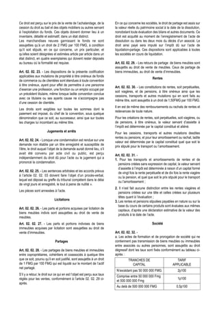 Ce droit est perçu sur le prix de la vente de l’achalandage, de la       En ce qui concerne les sociétés, le droit de partage est assis sur
cession du droit au bail et des objets mobiliers ou autres servant       la valeur réelle du patrimoine social à la date de la dissolution,
à l’exploitation du fonds. Ces objets doivent donner lieu à un           nonobstant toute évaluation des bilans et autres documents. Ce
inventaire, détaillé et estimatif, dans un état distinct.                droit est acquitté au moment de l’enregistrement de l’acte de
Les marchandises neuves garnissant le fonds ne sont                      dissolution ou dans les deux mois du décès d’un associé. Le
assujetties qu’à un droit de 2 FMG par 100 FMG, à condition              droit ainsi payé sera imputé sur l’impôt dû sur l’acte de
qu’il soit stipulé, en ce qui concerne, un prix particulier, et          liquidation-partage. Ces dispositions sont applicables à toutes
qu’elles soient désignées et estimées article par article dans un        les sociétés en cours de liquidation.
état distinct, en quatre exemplaires qui doivent rester déposés
au bureau où la formalité est requise.                                   Art. 02. 02. 29. - Les retours de partage de biens meubles sont
                                                                         assujettis au droit de vente de meubles. Ceux de partage de
Art. 02. 02. 23. - Les dispositions de la présente codification          biens immeubles, au droit de vente d’immeubles.
applicables aux mutations de propriété à titre onéreux de fonds
                                                                                                      Rentes
de commerce ou de clientèles sont étendues à toute convention
à titre onéreux, ayant pour effet de permettre à une personne
                                                                         Art. 02. 02. 30. - Les constitutions de rentes, soit perpétuelles,
d’exercer une profession, une fonction ou un emploi occupé par
                                                                         soit viagères, et de pensions, à titre onéreux ainsi que les
un précédent titulaire, même lorsque ladite convention conclue
                                                                         cessions, transports et autres mutations qui en sont faits au
avec ce titulaire ou ses ayants cause ne s’accompagne pas
                                                                         même titre, sont assujettis à un droit de 1,50FMG par 100 FMG.
d’une cession de clientèle.
                                                                         Il en est de même des remboursements ou rachats de rentes et
Les droits sont exigibles sur toutes les sommes dont le
                                                                         redevances de toute nature.
paiement est imposé, du chef de la convention, sous quelque
dénomination que ce soit, au successeur, ainsi que sur toutes            Pour les créations de rentes, soit perpétuelles, soit viagères, ou
les charges lui incombant au même titre.                                 de pensions, à titre onéreux, la valeur servant d’assiette à
                                                                         l’impôt est déterminée par le capital constitué et aliéné.
                       Jugements et arrêts
                                                                         Pour les cessions, transports et autres mutations desdites
                                                                         rentes ou pensions, et pour leur amortissement ou rachat, ladite
Art. 02. 02. 24. - Lorsque une condamnation est rendue sur une
                                                                         valeur est déterminée par le capital constitué quel que soit le
demande non établie par un titre enregistré et susceptible de
                                                                         prix stipulé pour le transport ou l’amortissement.
l’être, le droit auquel l’objet de la demande aurait donné lieu, s’il
avait été convenu par acte civil ou public, est perçu
                                                                         Art. 02. 02. 31. -
indépendamment du droit dû pour l’acte ou le jugement qui a
                                                                         1. Pour les transports et amortissements de rentes et de
prononcé la condamnation.
                                                                           pensions créées sans expression de capital, la valeur servant
                                                                           d’assiette à l’impôt est déterminée à raison d’un capital formé
Art. 02. 02. 25. - Les sentences arbitrales et les accords prévus
                                                                           de vingt fois la rente perpétuelle et de dix fois la rente viagère
à l’article 02. 02. 03 doivent faire l’objet d’un procès-verbal,
                                                                           ou la pension, et quel que soit le prix stipulé pour le transport
lequel est déposé au greffe du tribunal compétent dans le délai
                                                                           ou l’amortissement ;
de vingt jours et enregistré, le tout à peine de nullité ».
                                                                         2. Il n’est fait aucune distinction entre les rentes viagères et
Les pièces sont annexées à l’acte.
                                                                            pensions créées sur une tête et celles créées sur plusieurs
                                                                            têtes quant à l’évaluation ;
                             Licitations
                                                                         3. Les rentes et pensions stipulées payables en nature ou sur la
                                                                            base du cours de certains produits sont évaluées aux mêmes
Art. 02. 02. 26. - Les parts et portions acquises par licitation de
                                                                            capitaux, d’après une déclaration estimative de la valeur des
biens meubles indivis sont assujetties au droit de vente de
                                                                            produits à la date de l’acte.
meubles.
Art. 02. 02. 27. - Les parts et portions indivises de biens                                           Société
immeubles acquises par licitation sont assujetties au droit de
vente d’immeubles.                                                       Art. 02. 02. 32. -
                                                                         a. Les actes de formation et de prorogation de société qui ne
                             Partages                                    contiennent pas transmission de biens meubles ou immeubles
                                                                         entre associés ou autres personnes, sont assujettis au droit
Art. 02. 02. 28. - Les partages de biens meubles et immeubles            dégressif dont les taux sont fixés conformément au tableau ci-
entre copropriétaires, cohéritiers et coassociés à quelque titre         après :
que ce soit, pourvu qu’il en soit justifié, sont assujettis à un droit             TRANCHES DE                           TARIF
de 1 FMG par 100 FMG qui est liquidé sur le montant de l’actif                       CAPITAL                           APPLICABLE
net partagé.
                                                                          N’excédant pas 50 000 000 FMG.                   2p100
S’il y a retour, le droit sur ce qui en est l’objet est perçu aux taux
                                                                          Comprise entre 50 000 000 Fmg
réglés pour les ventes, conformément à l’article 02. 02. 29 ci-                                                            1p100
                                                                          et 500 000 000 Fmg
après.
                                                                          Au delà de 500 000 000 FMG                      0,5p100
 