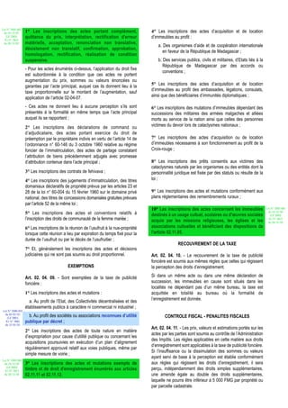 Loi N° 2002-005
 du 19/12/02       1° Les inscriptions des actes portant complément,                    4° Les inscriptions des actes d’acquisition et de location
   (LF 2003)       quittance du prix, interprétation, rectification d'erreur            d’immeubles au profit :
  JO N° 2813
 du 28/12/02       matérielle, acceptation, renonciation non translative,
                                                                                            a. Des organismes d’aide et de coopération internationale
                   désistement non translatif, confirmation, approbation,
                                                                                               en faveur de la République de Madagascar ;
                   homologation, rectification, réalisation de condition
                   suspensive.                                                              b. Des services publics, civils et militaires, d’Etats liés à la
                                                                                               République de Madagascar par des accords ou
                   - Pour les actes énumérés ci-dessus, l’application du droit fixe
                                                                                               conventions ;
                   est subordonnée à la condition que ces actes ne portent
                   augmentation du prix, sommes ou valeurs énoncées ou
                   garanties par l’acte principal, auquel cas ils donnent lieu à la     5° Les inscriptions des actes d’acquisition et de location
                                                                                        d’immeubles au profit des ambassades, légations, consulats,
                   taxe proportionnelle sur le montant de l’augmentation, sauf
                                                                                        ainsi que des bénéficiaires d’immunités diplomatiques ;
                   application de l’article 02-04-07.
                   - Ces actes ne donnent lieu à aucune perception s’ils sont           6° Les inscriptions des mutations d’immeubles dépendant des
                   présentés à la formalité en même temps que l’acte principal          successions des militaires des armées malgaches et alliées
                   auquel ils se rapportent ;                                           morts au service de la nation ainsi que celles des personnes
                   2° Les inscriptions des déclarations de command ou                   victimes du devoir lors de cataclysmes nationaux ;
                   d’adjudicataire, des actes portant exercice du droit de
                   préemption par le propriétaire indivis en vertu de l’article 14 de   7° Les inscriptions des actes d’acquisition ou de location
                   l’ordonnance n° 60-146 du 3 octobre 1960 relative au régime          d’immeubles nécessaires à son fonctionnement au profit de la
                   foncier de l’immatriculation, des actes de partage constatant        Croix-rouge ;
                   l’attribution de biens précédemment adjugés avec promesse
                   d’attribution contenue dans l’acte principal ;                       8° Les inscriptions des prêts consentis aux victimes des
                                                                                        cataclysmes naturels par les organismes ou des entités dont la
                   3° Les inscriptions des contrats de fehivava ;                       personnalité juridique est fixée par des statuts ou résulte de la
                   4° Les inscriptions des jugements d’immatriculation, des titres      loi ;
                   domaniaux déclaratifs de propriété prévus par les articles 23 et
                   28 de la loi n° 60-004 du 15 février 1960 sur le domaine privé       9° Les inscriptions des actes et mutations conformément aux
                   national, des titres de concessions domaniales gratuites prévues     plans réglementaires des remembrements ruraux ;
                   par l’article 52 de la même loi ;
                                                                                        10° Les inscriptions des actes concernant les immeubles                Loi N° 2002-005
                                                                                                                                                                du 19/12/02
                   5° Les inscriptions des actes et conventions relatifs à              destinés à un usage cultuel, scolaires ou d'œuvres sociales               (LF 2003)
                   l’inscription des droits de communauté de la femme mariée ;          acquis par les missions religieuses, les églises et les                  JO N° 2813
                                                                                                                                                                du 28/12/02

                   6° Les inscriptions de la réunion de l’usufruit à la nue-propriété   associations cultuelles et bénéficiant des dispositions de
                   lorsque cette réunion a lieu par expiration du temps fixé pour la    l'article 02.11.05.
                   durée de l’usufruit ou par le décès de l’usufruitier ;
                                                                                                        RECOUVREMENT DE LA TAXE
                   7° Et, généralement les inscriptions des actes et décisions
                   judiciaires qui ne sont pas soumis au droit proportionnel.           Art. 02. 04. 10. - Le recouvrement de la taxe de publicité
                                                                                        foncière est soumis aux mêmes règles que celles qui régissent
                                            EXEMPTIONS                                  la perception des droits d’enregistrement.

                   Art. 02. 04. 09. - Sont exemptées de la taxe de publicité            Si dans un même acte ou        dans une même déclaration de
                   foncière :                                                           succession, les immeubles      en cause sont situés dans les
                                                                                        localités ne dépendant pas     d’un même bureau, la taxe est
                   1° Les inscriptions des actes et mutations :                         acquittée en totalité au        bureau où la formalité de
                     a. Au profit de l’Etat, des Collectivités décentralisées et des    l’enregistrement est donnée.
                   établissements publics à caractère ni commercial ni industriel ;
 Loi N° 2000-024
  du 05/01/01
    (LF 2001)
                     b. Au profit des sociétés ou associations reconnues d’utilité              CONTROLE FISCAL - PENALITES FISCALES
   JO N° 2683      publique par décret ;
  du 12/01/01
                                                                                        Art. 02. 04. 11. - Les prix, valeurs et estimations portés sur les
                   2° Les inscriptions des actes de toute nature en matière
                                                                                        actes par les parties sont soumis au contrôle de l’Administration
                   d’expropriation pour cause d’utilité publique ou concernant les
                                                                                        des Impôts. Les règles applicables en cette matière aux droits
                   acquisitions poursuivies en exécution d’un plan d’alignement
                                                                                        d’enregistrement sont applicables à la taxe de publicité foncière.
                   régulièrement approuvé relatif aux voies publiques, même par
                                                                                        Si l’insuffisance ou la dissimulation des sommes ou valeurs
                   simple mesure de voirie ;
                                                                                        ayant servi de base à la perception est établie conformément
Loi N° 2002-005
 du 19/12/02       3° Les inscriptions des actes et mutations exempts de                aux règles qui régissent les droits d’enregistrement, il sera
   (LF 2003)
  JO N° 2813
                   timbre et de droit d'enregistrement énumérés aux articles            perçu, indépendamment des droits simples supplémentaires,
 du 28/12/02       02.11.11 et 02.11.12.                                                une amende égale au double des droits supplémentaires,
                                                                                        laquelle ne pourra être inférieur à 5 000 FMG par propriété ou
                                                                                        par parcelle cadastrale.
 