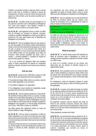 Toutefois, si la première, timbrée ou visée pour timbre, n’est pas   Les dispositions des deux alinéas qui précèdent sont
jointe à cette mise en circulation et destinée à recevoir les        applicables aux lettres de change, billets à ordre ou autres
endossements, le timbre ou visa pour timbre doit toujours être       effets souscrits à Madagascar et payables hors de Madagascar.
apposé sur cette dernière, sous les peines prescrites par le
présent Code.                                                        Art 02. 06. 31. - Ne sont passibles que d’un droit de timbre fixe
                                                                     les effets de commerce revêtus, dès leur création, d’une
Art. 02. 06. 25. - Les effets venant d’un pays étranger qui n’a      mention de domiciliation dans un établissement de crédit ou
pas passé de convention avec la République de Madagascar             dans un bureau de chèques postaux.
sont, avant qu’ils puissent y être négociés, acceptés ou                                                                                  Loi N° 2002-005
                                                                     Ce droit est de:                                                      du 19/12/02
acquittés, soumis au timbre ou au visa pour timbre.                                                                                          (LF 2003)
                                                                     - 50Fmg jusqu’à 100.000FMG de valeurs exprimées;                       JO N° 2813
                                                                                                                                           du 28/12/02
Art. 02. 06. 26. - Sont également soumis au timbre, les effets
                                                                     - 100FMG au dessus de 100.000FMG.
tirés de l’étranger sur l’étranger et négociés, endossés,
acceptés ou acquittés à Madagascar à moins que ces effets ne         Les effets qui, tirés hors de Madagascar, donnent lieu à la
proviennent d’un pays ayant passé avec la République de              perception du droit de timbre dans les conditions prévues par
Madagascar une convention.                                           les articles 02. 06. 25 et 02. 06. 26 du présent code, bénéficient
                                                                     du même régime à la condition d’être au moment où l’impôt
Art. 02. 06. 27. - Pour les obligations faites par acte notarié ou   devient exigible à Madagascar, revêtus d’une mention de
par acte des greffiers et des officiers publics authentificateurs    domiciliation répondant aux prescriptions du premier alinéa du
d’actes, le droit de timbre proportionnel est apposé sur la minute   présent article.
de l’acte. La grosse, en ce qui concerne l’acte notarié, et la
première expédition en ce qui concerne les actes des greffiers                            Modes de perception
et des officiers publics ne sont assujetties qu’au timbre de
dimension. Cette première expédition doit porter, outre la           Art 02. 06. 32 - Le droit de timbre auquel sont assujettis les
mention : « première expédition », l’indication du montant du        effets de commerce créés à Madagascar ou venant de
droit de timbre apposé sur l’original.                               l’étranger peut être acquitté par l’apposition de timbres mobiles
                                                                     du modèle unique.
- En ce qui concerne les obligations faites sous signature
privée, le timbre proportionnel est apposé sur l’exemplaire          La forme et la condition d’emploi de ces timbres sont
destiné au créancier, les autres ne sont soumis qu’au timbre de      déterminées par une décision du Ministre chargé de la
dimension                                                            réglementation fiscale.

                       Tarifs des droits                             Art 02. 06. 33 - Sont considérés comme non timbrés les effets
                                                                     visés à l’article précédent sur lesquels le timbre mobile aurait
Art. 02. 06. 28. - Est fixé à 5 par 1000 FMG ou fraction de 1000     été apposé sans l’accomplissement des conditions prescrites
FMG, le tarif du droit proportionnel de timbre applicable :          ou sur lesquels aurait été apposé un timbre mobile ayant déjà
                                                                     servi.
1° Aux lettres de change, billets à ordre ou au porteur, warrants
et tous effets négociables ou de commerce ;                          En conséquence, toutes les dispositions pénales et autres
                                                                     concernant les actes, pièces ou écrits non timbrés peuvent leur
2° Aux billets et obligations non négociables ;                      être appliquées.
3° Aux délégations et tous mandats non négociables, quelles
que soient leur forme et leur dénomination.                          Art. 02. 06. 34. - Le porteur d’une lettre de change non timbrée
                                                                     ou non visée pour timbre conformément aux articles 02. 06. 25,
Art. 02. 06. 29. - Sauf les réserves édictées par l’article 02-06-   02. 06. 30 et 02. 06. 31 ne peut, jusqu’à l’acquittement des
26, les lettres de change, billets à ordre ou au porteur, mandats,   droits de timbre et des amendes encourues, exercer aucun des
retraites et tous autres effets négociables ou de commerce tirés     recours qui lui sont accordés par la loi contre le tireur, les
de l’étranger sur l’étranger et circulant à Madagascar, ainsi que    endosseurs et les autres obligés.
tous les effets de même nature tirés de l’étranger et payables à     Est également suspendu jusqu’au paiement des droits de
Madagascar sont assujettis à un droit de timbre proportionnel        timbre et des amendes encourues l’exercice des recours
fixé à 5 pour 1 000 FMG ou fraction de 1000FMG.                      appartenant au porteur de tout autre effet sujet au timbre et non
Ces effets peuvent être valablement timbrés au moyen de              timbré ou non visé pour timbre conformément aux dispositions
timbres mobiles en usage à Madagascar.                               des mêmes articles.
                                                                     Toutes stipulations contraires sont nulles.
Art. 02. 06. 30. - Celui qui reçoit du souscripteur un effet non
timbré, négociable ou non, est tenu de le faire viser pour timbre    Art 02. 06. 35 - Les contrevenants visés aux articles 02. 06. 21,
dans les quinze jours de sa date ou avant l’échéance si cet effet    02. 06. 30 et 02. 06. 31 sont soumis solidairement au paiement
a moins de quinze jours de date et dans tous les cas avant toute     du droit de timbre et des amendes prévues à l’article 02. 06. 94.
négociation.                                                         Le porteur fait l’avance de ce droit et de ces amendes, sauf son
Ce visa pour timbre est soumis à un droit porté au triple de celui   recours contre ceux qui en sont passibles, pour ce qui n’est pas
qui eût été exigible s’il avait été régulièrement acquitté, et qui   à sa charge personnelle. Ce recours s’exerce devant la
s’ajoute au montant de l’effet, nonobstant toute stipulation         juridiction compétente pour connaître de l’action en
contraire.                                                           remboursement de l’effet.
 