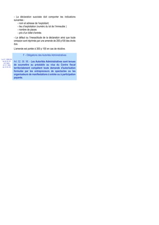 - La déclaration susvisée doit comporter les indications
                  suivantes :
                      - nom et adresse de l’exploitant;
                      - lieu d’exploitation (numéro du lot de l’immeuble )
                      - nombre de places
                      - prix d’un billet d’entrée.
                  - Le défaut ou l’inexactitude de la déclaration ainsi que toute
                  omission sont réprimés par une amende de 200 p100 des droits
                  dus.
                  L’amende est portée à 300 p 100 en cas de récidive.

                           F - Obligations des Autorités Administratives
Loi N° 2000-024
 du 05/01/01      Art. 02. 06. 98. - Les Autorités Administratives sont tenues
   (LF 2001)
  JO N° 2683      de soumettre au préalable au visa du Centre fiscal
 du 12/01/01
                  territorialement compétent toute demande d'autorisation
                  formulée par les entrepreneurs de spectacles ou les
                  organisateurs de manifestations à entrée ou à participation
                  payante.
 