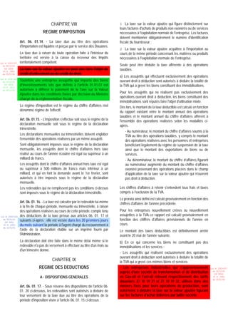 CHAPITRE VIII                                  1 La taxe sur la valeur ajoutée qui figure distinctement sur
                                                                                       leurs factures d'achats de produits non exonérés ou de services
                                  REGIME D'IMPOSITION                                  nécessaires à l'exploitation normale de l'entreprise. Les factures
                                                                                       doivent mentionner obligatoirement le numéro d'identification
                 Art. 06. 01.14. - La taxe due au titre des opérations                 fiscale du fournisseur ;
                 d'importation est liquidée et perçue par le service des Douanes.
                                                                                       2 La taxe sur la valeur ajoutée acquittée à l'importation au
                 La taxe due à raison de toute opération faite à l'intérieur du        cours de la même période concernant les matières ou produits
                 territoire est versée à la caisse du receveur des Impôts              nécessaires à l'exploitation normale de l'entreprise.
Loi N 2003-037   territorialement compétent.
  du 30/12/03                                                                          Seule peut être déduite la taxe afférente à des opérations
   (LF 2004)     La taxe sur la valeur ajoutée ne peut pas faire l'objet de            taxables.
  JO N 2882
  du 05/01/04    crédit d'enlèvement ou de crédit de droit.
                                                                                       a) Les assujettis qui effectuent exclusivement des opérations
Loi N 2002-005
  du 19/12/02    Toutefois une entreprise assujettie qui importe des biens             ouvrant droit à déduction sont autorisés à déduire la totalité de
   (LF 2003)     d'investissements tels que définis à l'article 01.01.07 est           la TVA qui a grevé les biens constituant des immobilisations.
  JO N 2813
  du 28/12/02    autorisée à différer le paiement de la Taxe sur la Valeur
                 Ajoutée dans les conditions fixées par décision du Ministre           Pour les assujettis qui ne réalisent pas exclusivement des
                 chargé de la réglementation fiscale.                                  opérations ouvrant droit à déduction, les biens constituant des
                                                                                       immobilisations sont réputés faire l'objet d'utilisation mixte.
                 Le régime d'imposition est le régime du chiffre d'affaires réel       Dès lors, le montant de la taxe déductible est calculé en fonction
                 dénommé régime de l'effectif.                                         du rapport existant entre le montant annuel des opérations
                                                                                       taxables et le montant annuel du chiffre d'affaires afférent à
                 Art. 06. 01.15. - L'imposition s'effectue soit sous le régime de la   l'ensemble des opérations réalisées selon les modalités ci-
                 déclaration mensuelle soit sous le régime de la déclaration           après.
                 trimestrielle.
                                                                                           - Au numérateur, le montant du chiffre d’affaires soumis à la
                 Les déclarations mensuelles ou trimestrielles doivent englober            TVA au titre des opérations taxables, y compris le montant
                 l'ensemble des opérations réalisées par un même assujetti.                des opérations réalisées avec les personnes et entreprises
                 Sont obligatoirement imposés sous le régime de la déclaration             bénéficiant légalement du régime de suspension de la taxe
                 mensuelle, les assujettis dont le chiffre d'affaires hors taxe            ainsi que le montant des exportations de biens ou de
                 réalisé au cours de l'année écoulée est égal ou supérieur à un            services.
                 milliard de francs.                                                       - Au dénominateur, le montant du chiffre d’affaires figurant
                 Les assujettis dont le chiffre d'affaires annuel hors taxe est égal       au numérateur augmenté du montant du chiffre d’affaires
                 ou supérieur à 500 millions de francs mais inférieur à un                 exonéré provenant des opérations placées dans le champ
                 milliard, et qui en font la demande avant le 1er février, sont            d'application de la taxe sur la valeur ajoutée qui n'ouvrent
                 autorisés à être imposés sous le régime de la déclaration                 pas droit à déduction.
                 mensuelle.
                 Les redevables qui ne remplissent pas les conditions ci-dessus        Les chiffres d’affaires à retenir s'entendent tous frais et taxes
                 sont imposés sous le régime de la déclaration trimestrielle.          compris à l'exclusion de la TVA.
                                                                                       Le prorata ainsi défini est calculé provisoirement en fonction des
                 Art. 06. 01. 16. - La taxe est calculée par le redevable lui-même     chiffres d'affaires de l'année précédente.
                 à la fin de chaque période, mensuelle ou trimestrielle, à raison
                 des opérations réalisées au cours de cette période, compte tenu       Pour les entreprises nouvellement créées ou nouvellement
Loi N 2000-024   des déductions de la taxe prévue aux articles 06. 01. 17 et           assujetties à la TVA ce rapport est calculé provisoirement en
  du 05/01/01
                 suivants ci-après ; elle est versée dans les 20 premiers jours        fonction des chiffres d'affaires prévisionnels de l'année en
   (LF 2001)
  JO N 2683      du mois suivant la période à l'agent chargé du recouvrement à         cours.
  du 12/01/01
                 l'aide de la déclaration établie sur un imprimé fourni par            Le montant des taxes déductibles est définitivement arrêté
                 l'Administration.                                                     avant le 20 mai de l'année suivante.
                 La déclaration doit être faite dans le même délai même si le          b) En ce qui concerne les biens ne constituant pas des
                 redevable n'a pas de versement à effectuer au titre d'un mois ou      immobilisations et les services :
                 d'un trimestre donné.
                                                                                       - Les assujettis qui réalisent exclusivement des opérations
                                                                                       ouvrant droit à déduction sont autorisés à déduire la totalité de
                                         CHAPITRE IX                                   la TVA qui a grevé ces mêmes biens et services:
                               REGIME DES DEDUCTIONS                                   - Les entreprises industrielles qui s'approvisionnent                Loi N 2003-037
                                                                                       auprès d'une société de transformation et de distribution              du 30/12/03
                                                                                                                                                               (LF 2004)
                                A - DISPOSITIONS GENERALES                             en Gas-oil et Fuel-oil relevant respectivement des tarifs              JO N 2882
                                                                                                                                                              du 05/01/04
                                                                                       douaniers 27 10 19 31 et 27 10 19 32, utilisés dans des
                 Art. 06. 01. 17. - Sous réserve des dispositions de l'article 06.     moteurs fixes pour leurs opérations de production, sont
                 01. 20 ci-dessous, les redevables sont autorisés à déduire de         autorisées à déduire la taxe sur la valeur ajoutée figurant
                 leur versement de la taxe due au titre des opérations de la           sur les factures d'achat délivrées par ladite société.
                 période d'imposition visée à l'article 06. 01. 15 ci-dessus :
 