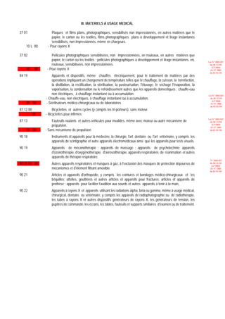 III. MATERIELS A USAGE MEDICAL

37 01                Plaques et films plans, photographiques, sensibilisés non impressionnés, en autres matières que le
                     papier, le carton ou les textiles, films photographiques plans à développement et tirage instantanés
                     sensibilisés, non impressionnés, même en chargeurs.
    10 L 00       - Pour rayons X

37 02                Pellicules photographiques sensibilisées, non impressionnées, en rouleaux, en autres matières que
                     papier, le carton ou les textiles ; pellicules photographiques à développement et tirage instantanés, en,         Loi N° 2003-037
                     rouleaux, sensibilisées, non impressionnées.                                                                       du 30/12/03
                                                                                                                                          (LF 2004)
    10      00    - Pour rayons X                                                                                                        JO N° 2882
                                                                                                                                        du 05/01/04
84 19                Appareils et dispositifs, même chauffés électriquement, pour le traitement de matières par des
                     opérations impliquant un changement de température telles que le chauffage, la cuisson, la torréfaction,
                     la distillation, la rectification, la stérilisation, la pasteurisation, l'étuvage, le séchage l'évaporation, la
                     vaporisation, la condensation ou le refroidissement autres que les appareils domestiques ; chauffe-eau
                     non électriques, à chauffage instantané ou à accumulation.                                                        Loi N° 2003-037
                 - Chauffe-eau, non électriques, à chauffage instantané ou à accumulation.                                              du 30/12/03
                                                                                                                                          (LF 2004)
    20 00        - Stérilisateurs médico-chirurgicaux ou de laboratoires                                                                 JO N° 2882
                                                                                                                                        du 05/01/04
87 12 00              Bicyclettes et autres cycles (y compris les tri-porteurs), sans moteur.
           10    - Bicyclettes pour infirmes
                                                                                                                                       Loi N° 2003-037
87 13                Fauteuils roulants et autres véhicules pour invalides, même avec moteur ou autre mécanisme de                      du 30/12/03
                     propulsion.                                                                                                          (LF 2004)
                                                                                                                                         JO N° 2882
    10 00        - Sans mécanisme de propulsion                                                                                         du 05/01/04


90 18                Instruments et appareils pour la médecine, la chirurgie, l'art dentaire ou l'art vétérinaire, y compris les
                     appareils de scintigraphie et autre appareils électromédicaux ainsi que les appareils pour tests visuels.
90 19                Appareils de mécanothérapie ; appareils de massage ; appareils de psychotechnie; appareils
                     d'ozonothérapie, d'oxygénothérapie, d'aérosolthérapie, appareils respiratoires de réanimation et autres
                     appareils de thérapie respiratoire.
                                                                                                                                        N° 2003-037
90 20 00 00          Autres appareils respiratoires et masques à gaz, à l'exclusion des masques de protection dépourvus de              du 30/12/03
                                                                                                                                         (LF 2004)
                     mécanismes et d'élèment filtrant amovible                                                                          JO N° 2882
                                                                                                                                        du 05/01/04
90 21                Articles et appareils d'orthopédie, y compris les ceintures et bandages médico-chirurgicaux et les
                     béquilles; attelles, gouttières et autres articles et appareils pour fractures; articles et appareils de
                     prothèse ; appareils pour faciliter l'audition aux sourds et autres appareils à tenir à la main,
90 22                Appareils à rayons X et appareils utilisant les radiations alpha, bêta ou gamma, même à usage médical,
                     chirurgical, dentaire ou vétérinaire, y compris les appareils de radiophotographie ou de radiothérapie,
                     les tubes à rayons X et autres dispositifs générateurs de rayons X, les générateurs de tension, les
                     pupitres de commande, les écrans, les tables, fauteuils et supports similaires d'examen ou de traitement.
 