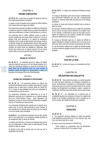 CHAPITRE VI                                     Art. 06. 02.14. - Le régime des versements forfaitaires devient
                                                                                           caduc :
                                    REGIME D'IMPOSITION
                                                                                           1° Lorsque la déclaration ayant servi de base à l'établissement
                  Art. 06. 02. 10. - La taxe due est versée à la caisse du receveur        des versements forfaitaires fait état des renseignements
                  des Impôts territorialement compétent.                                   inexacts. La caducité prend effet le premier jour de la période
                                                                                           considérée.
                  Le régime normal d'imposition est le régime du chiffre d'affaires
                                                                                           La remise en cause peut intervenir pendant toute la durée du
                  réel ci-après dénommé régime de l'effectif.
                                                                                           délai de reprise.
                  Sont notamment soumises au régime de l'effectif les entreprises          De nouveaux montants forfaitaires sont notifiés aux redevables
                  imposées au régime du résultat réel ou au régime des petites et          dans la mesure où il peut encore bénéficier de ce régime. Dans
                  moyennes entreprises en matière d'impôt général sur le revenu.           le cas contraire, le redevable se trouve de droit placé sous le
                  Les personnes dont le chiffre d'affaires annuel ou porté à               régime de l'effectif et le cas échéant, passible des sanctions
                  l'année n'excède pas les limites fixées à l'article 01. 02. 24 du        prévues à l'article 06.02.18 ci-dessous.
                  présent Code sont soumises à un régime de versements                     2° Lorsque le redevable opte pour le régime de l'effectif, le
                  forfaitaires dont le mode de détermination sera fixé par décision        régime s'applique à compter du premier jour du mois qui suit la
                  du Ministre chargé de la Réglementation fiscale. Elles peuvent           demande; l'option peut être formulée à toute époque de l'année.
                  toutefois sur simple demande opter pour le régime de l'effectif à
                                                                                           En cas de cessation définitive de la totalité de l'activité taxable
                  condition de remplir toutes les obligations y afférentes. Elles
                                                                                           le dernier versement exigible est celui dû au titre du bimestre de
                  doivent ainsi rester sous ce régime jusqu'à la fin de l'année
                                                                                           cessation.
                  suivant celle au cours de laquelle elles ont fait cette option.

                                              SECTION I
                                                                                                                   CHAPITRE VII
                                      REGIME DE L'EFFECTIF
                                                                                                               TAUX DE LA TAXE
                  Art. 06. 02. 11. - Le redevable soumis au régime de l'effectif
                  calcule lui-même la taxe due à la fin de chaque bimestre civil à         Art. 06. 02. 15. - Le taux de la taxe sur la transaction est fixé 5
Loi N° 2000-024   raison des opérations réalisées au cours de ce bimestre et la            pour cent.
 du 05/01/01      verse dans les 20 premiers jours du mois suivant le
   (LF 2001)
  JO N° 2683      bimestre auprès de l'agent du recouvrement à l'aide d'un
 du 12/01/01
                  bordereau de versement fourni par l'Administration.                                             CHAPITRE VIII
                                              SECTION II                                              OBLIGATIONS DES ASSUJETTIS
                          REGIME DES VERSEMENTS FORFAITAIRES                               Art. 06. 02. 16. - Toute personne physique ou morale assujettie
                                                                                           à la taxe est tenue d'adresser une déclaration d'existence au
                  Art. 06. 02. 12. - Les personnes admises au régime des                   bureau territorialement compétent de l'Administration fiscale
                  versements forfaitaires doivent acquitter spontanément chaque            dans les dix jours qui suivent le commencement de son activité
                  bimestre dans le délai fixé au premier alinéa de l'article 06.           taxable; les changements de profession, cession, cessation et
                  02.11 ci-avant, la taxe forfaitaire dont elles sont redevables et        modification d'activité doivent être déclarés dans le même délai.
                  correspondant aux termes échus.
                  Les versements forfaitaires sont déterminés au vu de la                  Art. 06. 02. 17. - Les redevables qui ne tiennent pas de
                  déclaration souscrite par le redevable sur un imprimé spécial            comptabilité régulière sont astreints à la tenue d'un registre des
                  fourni par l'Administration fiscale . Cette déclaration est              achats et des recettes préalablement coté et paraphé par le
                  déposée au bureau du Service fiscal territorialement compétent           chef du bureau des Impôts territorialement compétent.
                  avant le 15 novembre de chaque année.
                  Les versements forfaitaires sont calculés pour la période d'une
                  année civile. En cas de début d'activité en cours d'année, ils
                                                                                                                   CHAPITRE IX
                  sont calculés pour la période allant du premier jour de l'activité                                PENALITES
                  à la fin de l'année civile considérée.
                                                                                           Art. 06. 02. 18. -
                  Art 06.02.13. - Les versements forfaitaires doivent être révisés
                                                                                           1° Tout versement spontané effectué en retard est passible
                  dans le cas d'adjonction ou de cessation partielle d'activité ou         d'une pénalité de recouvrement de 5 pour cent par mois, tout
                  de changement dans la nature de l'activité.                              mois commencé étant dû en entier ;
                  La révision peut intervenir à l'initiative de l'intéressé dans les dix
                                                                                           2° Seront punis d'une amende de 100.000 Fmg :
                  jours de l'événement, à défaut celle de l'Administration fiscale
                  pendant le délai de reprise.                                                 - Toute omission ou inexactitude dans les déclarations
                                                                                               prévues à l'article 06.02.16 du présent Code.
                  La révision prend effet le premier jour du mois qui suit la
                  modification de l'activité.
 