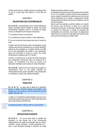 L’Impôt calculé dans les conditions prévues au présent article        frappant les terrains cultivés en cause.
                  ne peut en aucune façon être inférieur à 2 500 FMG par                La réclamation produite dans les formes prévues par les articles
                  taxation.                                                             20. 02. 01 et suivants du présent Code doit être adressée au
                                                                                        service chargé de l’assiette des Impôts dans les trois mois qui
                                          CHAPITRE V                                    suivent l’événement qui l’a motivée. Le dégrèvement accordé
                                                                                        est proportionnel à la perte de revenu brut constaté au cours de
                         OBLIGATIONS DES CONTRIBUABLES                                  l’année d’imposition.
                                                                                        Dans le cas d’une calamité qui atteint la totalité ou la majorité
                  Art. 10. 02. 08. - Les propriétaires ou les occupants effectifs des   des terrains d’une Commune, le Maire de la commune
                  terrains imposables doivent adresser au bureau des Impôts             concernée peut formuler une demande collective de décharge
                  territorialement compétent, avant le 15 Octobre de chaque             ou réduction de l’impôt pour le compte de l’ensemble des
                  année, une déclaration écrite indiquant entre autres :                contribuables de son territoire. Une décision de dégrèvement
                  1° La situation du terrain ou des terrains                            collectif de tout ou partie de l’impôt établi peut alors être prise
                                                                                        dans les formes prévues par le présent Code.
                  2° La superficie par nature de culture ou autres affectations;
                  3° Les nom et prénoms des locataires ainsi que le montant du
                  loyer.
                  Toutefois, dans les Communes rurales, les déclarations visées
                  ci-dessus peuvent être remplacées par une simple déclaration
                  verbale qui sera consignée sur un registre réservé à cet effet
                  tenu en deux exemplaires par le Maire ou son représentant,
                  lequel doit transmettre le double au bureau des Impôts
                  territorialement compétent avant le 31 Octobre.
                  Si entre le 15 Octobre et le 1er Janvier de l’année d’imposition
                  des changements interviennent dans les conditions de la
                  location, les propriétaires sont tenus de souscrire une
                  déclaration rectificative avant le début de l’année d’imposition.

                  Art. 10. 02. 09. - Dans tous les cas, si besoin est, les agents de
                  l’Administration fiscal, ou, des agents mandatés par
                  l’Administration fiscale, peuvent procéder à des recensements
                  ou vérifications sur place, des matières imposables.


                                          CHAPITRE VI
                                           PENALITES

                  Art. 10. 02. 10. - Le retard dans le dépôt de la déclaration
Loi N° 2000-024
 du 05/01/01      prévue à l’article 10.02.08 ci-dessus est passible d’une
   (LF 2001)
  JO N° 2683
                  amende de 5 pour cent par mois de retard sans pouvoir
 du 12/01/01      excéder 100 pour 100.

                  Le défaut ou l’inexactitude de ladite déclaration sera puni d’une
                  amende pouvant aller jusqu’à 50 pour 100 de l’impôt éludé sans
                  pouvoir être inférieure à 50.000 Fmg.
Loi N° 2000-024
 du 05/01/01      L’amende est portée à 100 pour 100 en cas de récidive.
   (LF 2001)
  JO N° 2683
 du 12/01/01

                                          CHAPITRE VII
                                 DISPOSITIONS DIVERSES

                  Art. 10. 02. 11. - En cas de perte totale ou partielle des
                  plantations ou des récoltes due à des circonstances
                  indépendantes de la volonté du contribuable, tels que cyclone,
                  inondation, invasion acridienne , incendie, éboulement, etc...,
                  celui- ci peut demander décharge ou réduction de l’Impôt
 