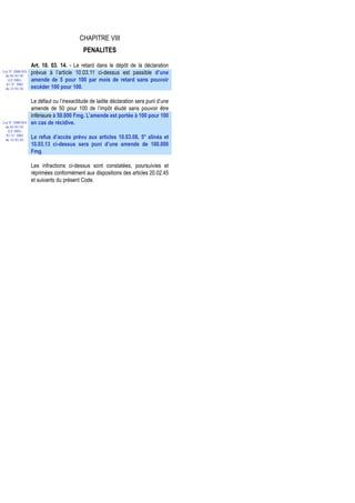 CHAPITRE VIII
                                          PENALITES

                  Art. 10. 03. 14. - Le retard dans le dépôt de la déclaration
Loi N° 2000-024   prévue à l’article 10.03.11 ci-dessus est passible d’une
 du 05/01/01
   (LF 2001)      amende de 5 pour 100 par mois de retard sans pouvoir
  JO N° 2683
 du 12/01/01      excéder 100 pour 100.

                  Le défaut ou l’inexactitude de ladite déclaration sera puni d’une
                  amende de 50 pour 100 de l’impôt éludé sans pouvoir être
                  inférieure à 50.000 Fmg. L’amende est portée à 100 pour 100
Loi N° 2000-024   en cas de récidive.
 du 05/01/01
   (LF 2001)
  JO N° 2683
 du 12/01/01
                  Le refus d’accès prévu aux articles 10.03.08, 5° alinéa et
                  10.03.13 ci-dessus sera puni d’une amende de 100.000
                  Fmg.

                  Les infractions ci-dessus sont constatées, poursuivies et
                  réprimées conformément aux dispositions des articles 20.02.45
                  et suivants du présent Code.
 