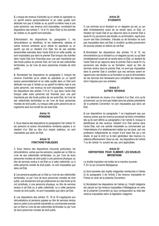 2. Lorsque les revenus d’activités qu’un artiste du spectacle ou                                  Article 20
un sportif exerce personnellement et en cette qualité sont                                       ETUDIANTS
attribués non pas à l’artiste ou au sportif lui-même mais à une
autre personne, ces revenus sont imposables, nonobstant les            1. Les sommes qu’un étudiant ou un stagiaire qui est, ou qui
dispositions des articles 7, 14 et 15, dans l’Etat où les activités    était immédiatement avant de se rendre dans un Etat, un
de l’artiste ou du sportif sont exercées.                              résident de l’autre Etat et qui séjourne dans le premier Etat à
                                                                       seule fin d’y poursuivre ses études ou sa formation, reçoit pour
3.Nonobstant les dispositions du paragraphe 1, les                     couvrir ses frais d’entretien, d’études ou de formation ne sont
rémunérations ou bénéfices, et les traitements, salaires et            pas imposables dans cet Etat, à condition qu’elles proviennent
autres revenus similaires qu’un artiste du spectacle ou un             de sources situées en dehors de cet Etat.
sportif, qui est un résident d’un Etat, tire de ses activités
personnelles exercées dans l’autre Etat et en cette qualité, ne        2. Nonobstant les dispositions des articles 14 et 15, les
sont imposables que dans le premier Etat lorsque ces activités         rémunérations qu’un étudiant ou un stagiaire qui est, ou qui était
dans l’autre Etat sont financées pour une part importante par          immédiatement avant de se rendre dans un Etat, un résident de
des fonds publics du premier Etat, de l’une de ses collectivités       l’autre Etat et qui séjourne dans le premier Etat à seule fin d’y
territoriales, ou de l’une de leurs personnes morales de droit         poursuivre ses études ou sa formation, reçoit au titre de
public.                                                                services rendus dans le premier Etat, ne sont pas imposables
                                                                       dans le premier Etat à condition que ces services soient en
4. Nonobstant les dispositions du paragraphe 2, lorsque les            rapport avec ses études ou sa formation ou que la rémunération
revenus d’activités qu’un artiste du spectacle ou un sportif           de ces services soit nécessaire pour compléter les ressources
exerce personnellement et en cette qualité dans un Etat sont           dont il dispose pour son entretien.
attribués non pas à l’artiste ou au sportif lui-même mais à une
autre personne, ces revenus ne sont imposables, nonobstant                                       Article 21
les dispositions des articles 7,14 et 15, que dans l’autre Etat                              AUTRES REVENUS
lorsque cette autre personne est financée pour une part
importante par des fonds publics de cet autre Etat, de l’une de        1. Les éléments du revenu d’un résident d’un Etat, d’où qu’ils
ses collectivités territoriales ou de l’une de leurs personnes         proviennent, qui ne sont pas traités dans les articles précédents
morales de droit public, ou lorsque cette autre personne est un        de la présente Convention ne sont imposables que dans cet
organisme sans but lucratif de cet autre Etat.                         Etat.

                           Article 18                                  2. Les dispositions du paragraphe 1 ne s’appliquent pas aux
                           PENSIONS                                    revenus autres que les revenus provenant de biens immobiliers
                                                                       tels qu’ils sont définis au paragraphe 2 de l’article 6, lorsque le
1. Sous réserve des dispositions du paragraphe 2 de l’article 19,      bénéficiaire de tels revenus, résident d’un Etat exerce dans
les pensions et autres rémunérations similaires payées à un            l’autre Etat, soit une activité industrielle ou commerciale par
résident d’un Etat au titre d’un emploi antérieur, ne sont             l’intermédiaire d’un établissement stable qui est situé, soit une
imposables que dans cet Etat.                                          profession indépendante au moyen d’une base fixe qui y est
                                                                       située, et que le droit ou le bien générateur des revenus s’y
                         Article 19                                    rattache effectivement. Dans ce cas, les dispositions de l’article
                   FONCTIONS PUBLIQUES                                 7 ou de l’article 14, suivant les cas, sont applicables.

1. Sous réserve des dispositions d’accords particuliers, les                                Article 22
rémunérations, autres que les pensions, payées par un Etat ou               DISPOSITIONS POUR ELIMINER LES DOUBLES
l’une de ses collectivités territoriales, ou par l’une de leurs                           IMPOSITIONS
personnes morales de droit public à une personne physique, au
titre de services rendus à cet Etat ou à cette collectivité, ou à      La double imposition est évitée de la manière suivante :
cette personne morale de droit public, ne sont imposables que          1. En ce qui concerne Madagascar,
dans cet Etat.
                                                                       a) Sont exonérés des impôts malgaches mentionnés à l’alinéa
2. Les pensions payées par un Etat ou l’une de ses collectivités       b) du paragraphe 3 de l’article 2 les revenus imposables en
territoriales, ou par l’une de leurs personnes morales de droit        France en vertu de la présente Convention ;
public, soit directement soit par prélèvement sur des fonds qu’ils
ont constitués, à une personne physique, au titre de services          b) Nonobstant les dispositions de l’alinéa a), l’impôt malgache
rendus à cet Etat ou à cette collectivité, ou à cette personne         est calculé sur les revenus imposables à Madagascar en vertu
morale de droit public, ne sont imposables que dans cet Etat.          de la présente Convention au taux correspondant au total des
                                                                       revenus imposables selon la législation malgache.
3. Les dispositions des articles 15, 16 et 18 s’appliquent aux
rémunérations et pensions payées au titre de services rendus
dans le cadre d’une activité industrielle ou commerciale exercée
par un Etat ou l’une de ses collectivités territoriales ou par l’une
de leurs personnes morales de droit public.
 
