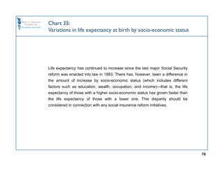 Chart 35:
Variations in life expectancy at birth by socio-economic status




Life expectancy has continued to increase since the last major Social Security
reform was enacted into law in 1983. There has, however, been a difference in
the amount of increase by socio-economic status (which includes different
factors such as education, wealth, occupation, and income)—that is, the life
expectancy of those with a higher socio-economic status has grown faster than
the life expectancy of those with a lower one. This disparity should be
considered in connection with any social insurance reform initiatives.




                                                                                 70
 