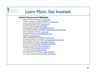 Learn More. Get Involved.
Federal Government Websites
   Bureau of Economic Analysis, www.bea.gov
   Centers for Medicare  Medicaid Services, www.cms.gov
   Congressional Budget Office, www.cbo.gov
   Economic Recovery, www.recovery.gov
   House Budget Committee, www.budget.house.gov
   House Ways and Means Committee, www.waysandmeans.house.gov
   Joint Committee on Taxation, www.jct.gov
   The Federal Reserve, www.federalreserve.gov
   MedPAC, www.medpac.gov
   Office of Management and Budget, www.omb.gov
   Senate Appropriations Committee, www.appropriations.senate.gov
   Senate Budget Committee, www.budget.senate.gov
   Senate Finance Committee, www.finance.senate.gov
   Social Security Administration, www.ssa.gov
   Tax Policy Center, www.taxpolicycenter.org
   U.S. Census Bureau, www.census.gov
   U.S. Department of the Treasury, www.ustreas.gov
   U.S. Government Accountability Office, www.gao.gov




                                                                    80
 