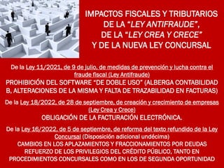 IMPACTOS FISCALES Y TRIBUTARIOS
DE LA “LEY ANTIFRAUDE”,
DE LA “LEY CREA Y CRECE”
Y DE LA NUEVA LEY CONCURSAL
De la Ley 11/2021, de 9 de julio, de medidas de prevención y lucha contra el
fraude fiscal (Ley Antifraude)
PROHIBICIÓN DEL SOFTWARE “DE DOBLE USO” (ALBERGA CONTABILIDAD
B, ALTERACIONES DE LA MISMA Y FALTA DE TRAZABILIDAD EN FACTURAS)
De la Ley 18/2022, de 28 de septiembre, de creación y crecimiento de empresas
(Ley Crea y Crece)
OBLIGACIÓN DE LA FACTURACIÓN ELECTRÓNICA.
De la Ley 16/2022, de 5 de septiembre, de reforma del texto refundido de la Ley
Concursal (Disposición adicional undécima)
CAMBIOS EN LOS APLAZAMIENTOS Y FRACCIONAMIENTOS POR DEUDAS
REFUERZO DE LOS PRIVILEGIOS DEL CRÉDITO PÚBLICO, TANTO EN
PROCEDIMIENTOS CONCURSALES COMO EN LOS DE SEGUNDA OPORTUNIDAD
 