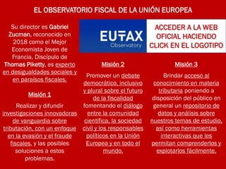 EL OBSERVATORIO FISCAL DE LA UNIÓN EUROPEA
Su director es Gabriel
Zucman, reconocido en
2018 como el Mejor
Economista Joven de
Francia. Discípulo de
Thomas Piketty, es experto
en desigualdades sociales y
en paraísos fiscales.
Misión 1
Realizar y difundir
investigaciones innovadoras
de vanguardia sobre
tributación, con un enfoque
en la evasión y el fraude
fiscales, y las posibles
soluciones a estos
problemas.
Misión 3
Brindar acceso al
conocimiento en materia
tributaria poniendo a
disposición del público en
general un repositorio de
datos y análisis sobre
nuestros temas de estudio,
así como herramientas
interactivas que les
permitan comprenderlos y
explotarlos fácilmente.
Misión 2
Promover un debate
democrático, inclusivo
y plural sobre el futuro
de la fiscalidad
fomentando el diálogo
entre la comunidad
científica, la sociedad
civil y los responsables
políticos en la Unión
Europea y en todo el
mundo.
ACCEDER A LA WEB
OFICIAL HACIENDO
CLICK EN EL LOGOTIPO
 