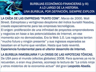 BURBUJAS ECONÓMICO-FINANCIERAS (y III)
A LO LARGO DE LA HISTORIA.
UNA BURBUJA, POR DEFINICIÓN, SIEMPRE EXPLOTA
LA CAÍDA DE...