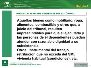 11
MÓDULO I: ASPECTOS GENERALES DEL AUTÓNOMOMÓDULO I: ASPECTOS GENERALES DEL AUTÓNOMO
Módulo I
Responsabilidad
Dispone del control total de la empresa, dirige
personalmente su gestión y responde de las
deudas contraídas frente a terceros con todos sus
bienes (responsabilidad ilimitada), tanto
empresariales como personales, sin perjuicio de
que algunos bienes mínimos sean inembargables.
Responsabilidad
Dispone del control total de la empresa, dirige
personalmente su gestión y responde de las
deudas contraídas frente a terceros con todos sus
bienes (responsabilidad ilimitada), tanto
empresariales como personales, sin perjuicio de
que algunos bienes mínimos sean inembargables.
Aquellos bienes como mobiliario, ropa,
alimentos, combustible y otros que, a
juicio del tribunal, resulten
imprescindibles para que el ejecutado y
las personas de él dependientes puedan
atender con razonable dignidad a su
subsistencia.
Otros: instrumental del trabajo,
retribución que no exceda del SMI,
vivienda habitual (condiciones), etc.
Aquellos bienes como mobiliario, ropa,
alimentos, combustible y otros que, a
juicio del tribunal, resulten
imprescindibles para que el ejecutado y
las personas de él dependientes puedan
atender con razonable dignidad a su
subsistencia.
Otros: instrumental del trabajo,
retribución que no exceda del SMI,
vivienda habitual (condiciones), etc.
 