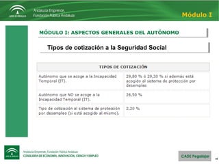 18
MÓDULO I: ASPECTOS GENERALES DEL AUTÓNOMOMÓDULO I: ASPECTOS GENERALES DEL AUTÓNOMO
Módulo I
Tipos de cotización a la Seguridad SocialTipos de cotización a la Seguridad Social
 