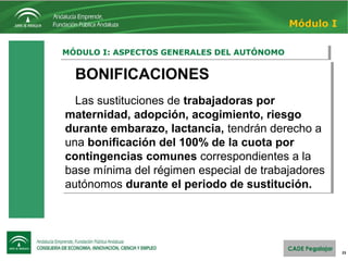 23
MÓDULO I: ASPECTOS GENERALES DEL AUTÓNOMOMÓDULO I: ASPECTOS GENERALES DEL AUTÓNOMO
Módulo I
BONIFICACIONES
Las sustituciones de trabajadoras por
maternidad, adopción, acogimiento, riesgo
durante embarazo, lactancia, tendrán derecho a 
una bonificación del 100% de la cuota por
contingencias comunes correspondientes a la 
base mínima del régimen especial de trabajadores 
autónomos durante el periodo de sustitución.
BONIFICACIONES
Las sustituciones de trabajadoras por
maternidad, adopción, acogimiento, riesgo
durante embarazo, lactancia, tendrán derecho a 
una bonificación del 100% de la cuota por
contingencias comunes correspondientes a la 
base mínima del régimen especial de trabajadores 
autónomos durante el periodo de sustitución.
 