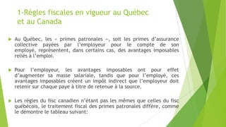 1-Règles fiscales en vigueur au Québec
et au Canada
 Au Québec, les « primes patronales », soit les primes d’assurance
collective payées par l’employeur pour le compte de son
employé, représentent, dans certains cas, des avantages imposables
reliés à l’emploi.
 Pour l’employeur, les avantages imposables ont pour effet
d’augmenter sa masse salariale, tandis que pour l’employé, ces
avantages imposables créent un impôt indirect que l’employeur doit
retenir sur chaque paye à titre de retenue à la source.
 Les règles du fisc canadien n’étant pas les mêmes que celles du fisc
québécois, le traitement fiscal des primes patronales diffère, comme
le démontre le tableau suivant:
 