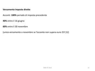 SMA	©	2016
Versamento	imposte	dirette
Acconti:	100% periodo	di	imposta	precedente
40%	entro	il	16	giugno
60%	entro	il	30	novembre
(unico	versamento	a	novembre	se	l’acconto	non	supera	euro	257,52)
15
 