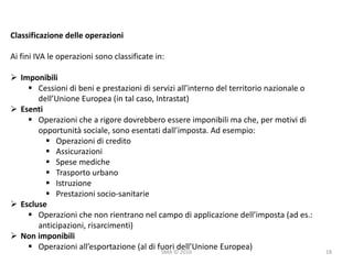 SMA	©	2016
Classificazione	delle	operazioni
Ai	fini	IVA	le	operazioni	sono	classificate	in:
Ø Imponibili
§ Cessioni	di	beni	e	prestazioni	di	servizi	all’interno	del	territorio	nazionale	o	
dell’Unione	Europea	(in	tal	caso,	Intrastat)
Ø Esenti
§ Operazioni	che	a	rigore	dovrebbero	essere	imponibili	ma	che,	per	motivi	di	
opportunità	sociale,	sono	esentati	dall’imposta.	Ad	esempio:
§ Operazioni	di	credito
§ Assicurazioni
§ Spese	mediche
§ Trasporto	urbano
§ Istruzione
§ Prestazioni	socio-sanitarie
Ø Escluse
§ Operazioni	che	non	rientrano	nel	campo	di	applicazione	dell’imposta	(ad	es.:	
anticipazioni,	risarcimenti)
Ø Non	imponibili
§ Operazioni	all’esportazione	(al	di	fuori	dell’Unione	Europea)
18
 