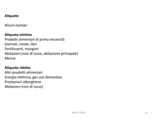 SMA	©	2016
Aliquote
Alcuni	esempi:
Aliquota	minima
Prodotti	alimentari	di	prima	necessità
Giornali,	riviste,	libri
Fertilizzanti,	mangimi
Abitazioni	(non	di	lusso,	abitazione	principale)
Mense
Aliquota	ridotta
Altri	prodotti	alimentari
Energia	elettrica,	gas	uso	domestico
Prestazioni	alberghiere
Abitazioni	(non	di	lusso)
21
 