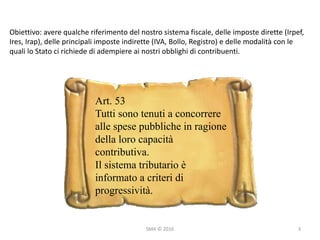 SMA	©	2016
Obiettivo:	avere	qualche	riferimento	del	nostro	sistema	fiscale,	delle	imposte	dirette	(Irpef,	
Ires,	Irap),	delle	principali	imposte	indirette	(IVA,	Bollo,	Registro)	e	delle	modalità	con	le	
quali	lo	Stato	ci	richiede	di	adempiere	ai	nostri	obblighi	di	contribuenti.
Art. 53
Tutti sono tenuti a concorrere
alle spese pubbliche in ragione
della loro capacità
contributiva.
Il sistema tributario è
informato a criteri di
progressività.
3
 