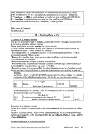 2 003 : Déficit fiscal 105 000 dhs dont dotations aux amortissements de l’exercice 105 000 dhs .
2 004 : Déficit fiscal 58 000 dhs avec dotations aux amortissements de l’exercice 90 000 dhs .
1 ère hypothèse : en 2 005 , la société a dégagé un résultat brut fiscal bénéficiaire de 1 250 000 dhs .
2 ème hypothèse : la société a dégagé un résultat brut fiscal bénéficiaire de 538 000 dhs .
Déterminer le résultat net fiscal de l’exercice 2 005 pour chaque hypothèse .


C/ L e calcul de l’impôt dû
1- Le calcul de l’I.S

                                    I.S = Résultat net fiscal x 30%

2- Le calcul de la cotisation minimale
Quel que soit le résultat net fiscal de la société, une cotisation minimale est due pour chaque exercice .
a- La base de calcul de la cotisation minimale
Elle est constituée par le montant hors taxe des produits suivants :
- Chiffre d’affaires : c’est-à-dire les recettes et les créances se rapportant aux produits livrés et aux
services rendus relatifs à l’activité principale de l’entreprise ;
- Produits accessoires : ce sont des produits variés en provenance des activités annexes à l’activité
principale de la société. A titre d’exemple
* Revenus des immeubles (loyers reçus) pour les sociétés bénéficiaires qui n’ont pas pour objet
principal la location des immeubles ;
* Redevances des brevets, marques, licences et droits similaires ;
- Produits financiers à l’exception des dividendes. Cependant les intérêts reçus sont imposables pour
leur montant brut y compris la retenue à la source (T.P.P.R.F) .
- Subventions, primes et dons reçus de l’Etat, des collectivités locales ou des tiers. Toutefois, les règles
fiscales autorisent l’entreprise à répartir sa subvention d’investissement sur une période de cinq ans .
     Exemple :
     L’entreprise « Chami » reçoit le 01 / 01 / 2 007 une subvention d’investissement pour son projet de
     construction d’hôtel à Bab Boudir de l’ordre de 1 200 000 dhs sou forme de chèque bancaire.

                                   01 / 01 / 2 007
    5141          Banque                                              1 200 000
    1311                        Subventions d’investissement                             1 200 000

    A la fin de l’exercice 2 007, monsieur Chami doit virer en produit le 1/5 de la subvention
    d’investissement qui devient imposable
                                         31 / 12 / 2 007
    1319           Subventions d’investissement inscrites au C.P.C              240 000
    7577                        Reprise sur subvention d’investissement                        240 000


b- Les taux de la cotisation minimale
Le taux de la cotisation minimale appliqué sur les montants hors taxe des éléments ci-dessus, est fixé
à 0.5% .
Toutefois , ce taux est ramené à 0.25% pour les opérations effectuées par les sociétés commerciales
au titre des ventes portant sur les produits pétroliers ,l e gaz , le beurre , l’huile , le sucre , la farine
, l’eau et l’électricité .

c- Les caractéristiques de la cotisation minimale


https://www.facebook.com/groups/tsge.alhoceima/                                 Mohammed Fares |           16
 