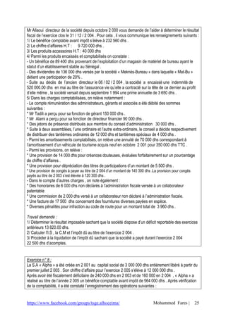 Mr Allaoui directeur de la société depuis octobre 2 000 vous demande de l’aider à déterminer le résultat
fiscal de l’exercice clos le 31 / 12 / 2 004 . Pour cela , il vous communique les renseignements suivants :
1/ Le bénéfice comptable avant impôt s’élève à 232 560 dhs .
2/ Le chiffre d’affaires H.T : 9 720 000 dhs .
3/ Les produits accessoires H.T : 40 000 dhs
4/ Parmi les produits encaissés et comptabilisés on constate :
- Un bénéfice de 89 400 dhs provenant de l’exploitation d’un magasin de matériel de bureau ayant le
statut d’un établissement stable au Sénégal .
- Des dividendes de 136 000 dhs versés par la société « Meknès-Bureau » dans laquelle « Mat-Bu »
détient une participation de 20% .
- Suite au décès de l’ancien directeur le 06 / 02 / 2 004 , la société a encaissé une indemnité de
520 000.00 dhs en mai au titre de l’assurance vie qu’elle a contracté sur la tête de ce dernier au profit
d’elle même , la société versait depuis septembre 1 994 une prime annuelle de 3 650 dhs .
5/ Dans les charges comptabilisées, on relève notamment :
- Le compte rémunération des administrateurs, gérants et associés a été débité des sommes
suivantes :
* Mr Tadili a perçu pour sa fonction de gérant 150 000 dhs .
* Mr Alami a perçu pour sa fonction de directeur financier 90 000 dhs .
* Des jetons de présence distribués aux membre du conseil d’administration 30 000 dhs .
* Suite à deux assemblées, l’une ordinaire et l’autre extra-ordinaire, le conseil a décide respectivement
de distribuer des tantièmes ordinaires de 12 000 dhs et tantièmes spéciaux de 4 000 dhs .
- Parmi les amortissements comptabilisés, on relève une annuité de 70 000 dhs correspondant à
l’amortissement d’un véhicule de tourisme acquis neuf en octobre 2 001 pour 350 000 dhs TTC .
- Parmi les provisions, on relève :
* Une provision de 14 000 dhs pour créances douteuses, évaluées forfaitairement sur un pourcentage
de chiffre d’affaires .
* Une provision pour dépréciation des titres de participations d’un montant de 5 500 dhs .
* Une provision de congés à payer au titre de 2 004 d’un montant de 145 300 dhs .La provision pour congés
payés au titre de 2 003 s’est élevée à 120 300 dhs .
- Dans le compte d’autres charges , on note également :
* Des honoraires de 6 000 dhs non déclarés à l’administration fiscale versée à un collaborateur
patentable                  .
* Une commission de 2 000 dhs versé à un collaborateur non déclaré à l’administration fiscale.
* Une facture de 17 500 dhs concernant des fournitures diverses payées en espèce.
* Diverses pénalités pour infraction au code de route pour un montant total de 3 960 dhs .

Travail demandé :
1/ Déterminer le résultat imposable sachant que la société dispose d’un déficit reportable des exercices
antérieurs 13 820.00 dhs.
2/ Calculer l’I.S , la C.M et l’impôt dû au titre de l’exercice 2 004 .
3/ Procéder à la liquidation de l’impôt dû sachant que la société a payé durant l’exercice 2 004
22 500 dhs d’acomptes.


Exercice n° 8 :
La S.A « Alpha » a été créée en 2 001 au capital social de 3 000 000 dhs entièrement libéré à partir du
premier juillet 2 005 . Son chiffre d’affaire pour l’exercice 2 005 s’élève à 12 000 000 dhs .
Après avoir été fiscalement déficitaire de 240 000 dhs en 2 003 et de 160 000 en 2 004 , « Alpha » a
réalisé au titre de l’année 2 005 un bénéfice comptable avant impôt de 564 000 dhs . Après vérification
de la comptabilité, il a été constaté l’enregistrement des opérations suivantes :


https://www.facebook.com/groups/tsge.alhoceima/                                  Mohammed Fares |           25
 