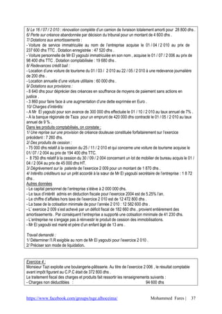 5/ Le 16 / 07 / 2 010 : rénovation complète d’un camion de livraison totalement amorti pour 28 800 dhs .
6/ Perte sur créance abandonnée par décision du tribunal pour un montant de 4 600 dhs .
7/ Dotations aux amortissements :
- Voiture de service immatriculée au nom de l’entreprise acquise le 01 / 04 / 2 010 au prix de
237 600 dhs TTC . Dotation enregistrée : 47 520 dhs .
- Voiture personnelle de Mr El yagoubi immatriculée en son nom , acquise le 01 / 07 / 2 006 au prix de
98 400 dhs TTC . Dotation comptabilisée : 19 680 dhs .
8/ Redevances crédit bail :
- Location d’une voiture de tourisme du 01 / 03 / 2 010 au 22 / 05 / 2 010 à une redevance journalière
de 200 dhs .
- Location annuelle d’une voiture utilitaire : 60 000 dhs .
9/ Dotations aux provisions :
- 8 640 dhs pour déprécier des créances en souffrance de moyens de paiement sans actions en
justice .
- 3 860 pour faire face à une augmentation d’une dette exprimée en Euro .
10/ Charges d’intérêts:
- A Mr El yagoubi pour son avance de 300 000 dhs effectuée le 01 / 10 / 2 010 au taux annuel de 7% .
- A la banque régionale de Taza pour un emprunt de 420 000 dhs contracté le 01 / 05 / 2 010 au taux
annuel de 9 % .
Dans les produits comptabilisés, on constate :
1/ Une reprise sur une provision de créance douteuse constituée forfaitairement sur l’exercice
précédent : 7 260 dhs.
2/ Des produits de cession :
- 75 000 dhs relatif à la cession du 25 / 11 / 2 010 et qui concerne une voiture de tourisme acquise le
01/ 07 / 2 004 au prix de 194 400 dhs TTC.
- 8 750 dhs relatif à la cession du 30 / 09 / 2 004 concernant un lot de mobilier de bureau acquis le 01 /
04 / 2 004 au prix de 45 000 dhs HT.
3/ Dégrèvement sur la patente de l’exercice 2 009 pour un montant de 1 870 dhs .
4/ Intérêts créditeurs sur un prêt accordé à la sœur de Mr El yagoubi secrétaire de l’entreprise : 1 8 72
dhs .
Autres données
- Le capital personnel de l’entreprise s’élève à 2 000 000 dhs.
- Le taux d’intérêt admis en déduction fiscale pour l’exercice 2004 est de 5.25% l’an.
- Le chiffre d’affaites hors taxe de l’exercice 2 010 est de 12 472 800 dhs .
- La base de la cotisation minimale de pour l’année 2 010 : 12 582 600 dhs .
- L’ exercice 2 009 s’est achevé par un déficit fiscal de 182 660 dhs , provient entièrement des
amortissements . Par conséquent l’entreprise a supporté une cotisation minimale de 41 230 dhs.
- L’entreprise ne s’engage pas à réinvestir le produit de cession des immobilisations.
- Mr El yagoubi est marié et père d’un enfant âgé de 13 ans .

Travail demandé :
1/ Déterminer l’I.R exigible au nom de Mr El yagoubi pour l’exercice 2 010 .
2/ Préciser son mode de liquidation.


Exercice 4 :
Monsieur Tazi exploite une boulangerie-pâtisserie. Au titre de l’exercice 2 006 , le résultat comptable
avant impôt figurant au C.P.C était de 372 800 dhs .
Le traitement fiscal des charges et produits fait ressortir les renseignements suivants :
- Charges non déductibles :                                                 94 600 dhs


https://www.facebook.com/groups/tsge.alhoceima/                                Mohammed Fares |           37
 