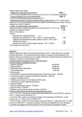 Intérêts créditeurs des dépôts :
- Intérêts brut du dépôt auprès de la B.M.C.E          :                           5 000 (1)
La T.P.P.R.F est considérée comme une avance sur l’I.R et la T.V.A fait l’objet de récupération .
- Coupons d’obligation et prime de remboursement :                                  6 000 (2)
La T.P.P.R.F est considérée comme une avance sur l’I.R
- Dividendes des actions non cotées et cotées en bourse ont été soumis à la T.P.A , ce qui les rend
libérés de l’I.R . En plus les dividendes des actions cotées en bourse permettent à monsieur Taibi une
déduction de 10% de l’I.R définitif .
- Intérêts sur prêts accordés à des particuliers =                                    52 700 (3)
Revenu des capitaux mobiliers imposable au titre de l’année 2007 = (1) +(2) + (3) = 63 700
Cotisation à la caisse de retraite =                                                   - 8 240
Revenu net imposable =                                                                  ………
I.R brut =                                                                            ……….
     - Déductions pour charges de famille =        x3 =
     - Déduction pour assurance vie = 10% x 12 450 = 1 245 soit le plafond =             - 900
     - Déduction pour dividendes des actions cotées en bourse = 10% x 6 750 =
       675.00 soit le plafond =                                                         - 500
     - Déduction pour achat d’actions cotées en bourse = 10% x 12 600 =                - 1 260
I.R net à payer par voie de rôle =


Exercice 6 :
Monsieur Talha Amine gère en tant qu’associé principal une S.N.C « Talha pièces auto » au capital
social de 500 000 dhs . Il est marié et père de deux enfants à charge dont l’aîné est âgé de 20 ans .
Monsieur Talha vous consulte afin que vous l’aidiez à déterminer le résultat fiscal de son entreprise et à
liquider son I.R global au titre de l’exercice 2 003 .
A/ Renseignements concernant la S.N.C « Talha pièces auto »
Parmi les charges comptabilisées on relève :
- Salaire du personnel :                                                  154 200 dhs .
- Charges sociales :                                                       22 460 dhs .
- Rémunération de Mr Talha Amine :                                        120 000 dhs .
- Taxe professionnelle :                                                     8 820 dhs .
- Dons accordés :
* A l’association s’occupant des enfants abandonnés de la province de Taza : 4 000 dhs .
* Aux oeuvres sociale de l’entreprise de transport Foughal Bus : 3 000 dhs .
- Locations et charges locatives :
* 3 000 dhs par mois pour une villa habitée par Talha Amine .
* 4 500 dhs par mois pour logement du personnel .
- Charges d’intérêts :
* Dues aux établissement bancaire : 78 420 dhs .
* Dues à Mr Talha : 18 000 dhs
- Dotations aux provisions pour pertes de change : 8 240 dhs .
Parmi les produits figurent les cessions des immobilisations suivantes :
- Le 17 / 10 / 2 003 , cession d’une voiture utilitaire citroèn Berlango au prix de 41 000 dhs , acquise le
03 / 01 / 1 998 au prix de 146 000 dhs TTC .
- Le 30 / 06 / 2 003 , cession d’un triporteur de livraison de marchandises à 8 000.00 dhs . Il a été
acquis le 06 / 01 / 2 000 au prix de 14 400 dhs TTC .
- Le 30 / 04 / 2003 , cession d’un micro-ordinateur au prix de 2 600 dhs . Il a été acquis le 02 / 01 / 2000
au prix de 10 000 dhs H.T. L’entreprise a opté pour l’amortissement dégressif de ce micro-ordinateur
La société s’est engagée par écrit de réinvestir le produit de toutes les immobilisations cédées


https://www.facebook.com/groups/tsge.alhoceima/                                Mohammed Fares |          43
 