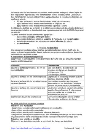 La base de calcul de l’amortissement est constituée pour la première année par la valeur d’origine du
bien d’équipement et par sa valeur nette d’amortissement pour les années suivantes. Cependant, le
taux d’amortissement dégressif est déterminé en appliquant aux taux de l’amortissement constant, les
coefficients suivants :
     - 1.5 pour les biens dont la durée d’amortissement est de trois ou quatre ans ;
     - 2 pour les biens dont la durée d’amortissement est de cinq ou six ans ;
     - 3 pour les biens dont la durée d’amortissement est supérieure à six ans.
Il est à rappeler, toutefois, que le montant de la dotation aux amortissements des véhicules de transport
de personnes n’est admis en déduction de la base imposable que dans la limite de 60 000 dhs par an et
par véhicule.
Toutefois, la limitation de cette déduction ne s’applique pas :
     - aux véhicules utilisés pour le transport public ;
     - aux véhicules de transport collectif du personnel de l’entreprise et de transport scolaire ;
     - aux véhicules appartenant aux entreprises qui pratique la location des voitures ;
     - aux ambulances.

                                        f- Provisions non déductibles
Une provision est constituée soit pour faire face à une dépréciation d’un élément d’actif soit à des
risques ou à des charges probables. Il existe également des provisions réglementées qui résultent de
l’application des dispositions fiscales
f1- Les conditions de déduction des provisions
Les provisions ne sont déductibles pour la détermination du résultat fiscal que lorsqu’elles répondent
aux cinq conditions suivantes :

Conditions                                          Commentaires
La perte ou la charges provisionnée doit être elle  Cala exclu du droit à déduction toutes les
même déductibles                                    provisions des charges non déductibles
                                                    - Provision pour l’I.S
                                                    - Provision pour pénalités
La perte ou la charge doit être nettement précisée La pratique d’un pourcentage forfaitaire ou d’une
                                                    estimation globale est refusée
La perte ou la charge doit être probable et non pas Les provisions constatées pour des risques
seulement éventuelle                                éventuels ne sont pas déductibles .Exemple de
                                                    provision pur propre assureur ( non déductible )
La perte ou la charge doit avoir son origine dans   L’événement qui motive la provision doit avoir lieu
l’exercice                                          avant la clôture de l’exercice. C’ est en quelque
                                                    sorte une condition liée au principe de la
                                                    spécialisation des exercices
Les Provisions doivent être comptabilisées          L’enregistrement comptable est une condition
                                                    nécessaire pour la déduction des charges

f2- Appréciation fiscale de certaines provisions
Provisions pour dépréciation
- Les provisions pour dépréciation des immobilisations non amortissables ;
- Les provisions pour dépréciation des stocks ;
- Les provisions pour dépréciation des titres et valeurs de placements
- Les provisions pour dépréciation des créances : elles doivent être précédées par une action intentée
en justice contre les clients concernés et doivent être évaluées individuellement client par client.
Provisions pour amendes et pénalités
Elles ne sont pas déductibles puisqu’elles se rapportent à des charges non déductibles.


https://www.facebook.com/groups/tsge.alhoceima/                              Mohammed Fares |             5
 
