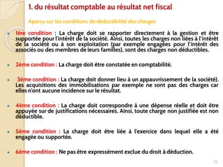 1. du résultat comptable au résultat net fiscal
Aperçu sur les conditions de déductibilité des charges
● 1ère condition : La charge doit se rapporter directement à la gestion et être
supportée pour l'intérêt de la société. Ainsi, toutes les charges non liées à l’intérêt
de la société ou à son exploitation (par exemple engagées pour l’intérêt des
associés ou des membres de leurs familles), sont des charges non déductibles.
● 2ème condition : La charge doit être constatée en comptabilité.
● 3ème condition : La charge doit donner lieu à un appauvrissement de la société).
Les acquisitions des immobilisations par exemple ne sont pas des charges car
elles n'ont aucune incidence sur le résultat.
● 4ème condition : La charge doit correspondre à une dépense réelle et doit être
appuyée sur de justifications nécessaires. Ainsi, toute charge non justifiée est non
déductible.
● 5ème condition : La charge doit être liée à l'exercice dans lequel elle a été
engagée ou supportée.
● 6ème condition : Ne pas être expressément exclue du droit à déduction.
25
 