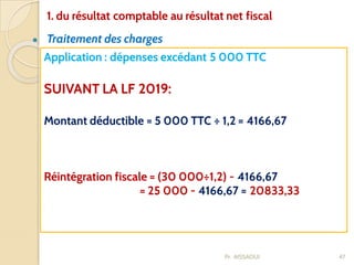● Traitement des charges
47
Application : dépenses excédant 5 000 TTC
SUIVANT LA LF 2019:
Montant déductible = 5 000 TTC ÷ 1,2 = 4166,67
Réintégration fiscale = (30 000÷1,2) - 4166,67
= 25 000 - 4166,67 = 20833,33
1. du résultat comptable au résultat net fiscal
Pr. AISSAOUI
 