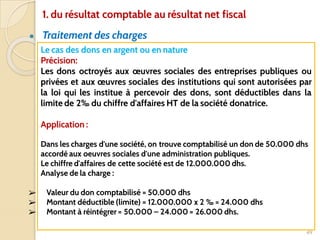 ● Traitement des charges
49
Le cas des dons en argent ou en nature
Précision:
Les dons octroyés aux œuvres sociales des entreprises publiques ou
privées et aux œuvres sociales des institutions qui sont autorisées par
la loi qui les institue à percevoir des dons, sont déductibles dans la
limite de 2‰ du chiffre d'affaires HT de la société donatrice.
Application :
Dans les charges d'une société, on trouve comptabilisé un don de 50.000 dhs
accordé aux oeuvres sociales d'une administration publiques.
Le chiffre d'affaires de cette société est de 12.000.000 dhs.
Analyse de la charge :
➢ Valeur du don comptabilisé = 50.000 dhs
➢ Montant déductible (limite) = 12.000.000 x 2 ‰ = 24.000 dhs
➢ Montant à réintégrer = 50.000 – 24.000 = 26.000 dhs.
1. du résultat comptable au résultat net fiscal
 