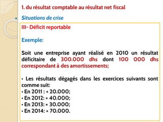 ● Situations de crise
53
III- Déficit reportable
Exemple:
Soit une entreprise ayant réalisé en 2010 un résultat
déficitaire de 300.000 dhs dont 100 000 dhs
correspondant à des amortissements;
• Les résultats dégagés dans les exercices suivants sont
comme suit:
• En 2011 : + 20.000;
• En 2012: + 40.000;
• En 2013: + 30.000;
• En 2014: + 70.000.
1. du résultat comptable au résultat net fiscal
 