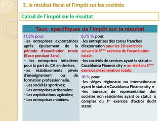 62
2. le résultat fiscal et l'impôt sur les sociétés
Calcul de l’impôt sur le résultat
Taux spécifiques de l’Impôt sur le résultat
17,5% pour:
-les entreprises exportatrices
après épuisement de la
période d’exonération totale
(Exon pendant 5ans),
- les entreprises hôtelières
pour la part du CA en devises,
-les établissements privés
d’enseignement ou de
formation professionnelle.
- Les sociétés sportives;
- Les entreprises artisanales;
- Les exploitations agricoles;
- Les entreprises minières.
8,75 % pour:
-les entreprises des zones franches
d’exportation pour les 20 exercices
suivant le 5ème
exercice de l’exonération
totale ;
-les sociétés de services ayant le statut «
Casablanca Finance city » au-delà du 5ème
exercice d’exonération totale.
10 % pour:
-les sièges régionaux ou internationaux
ayant le statut «Casablanca Finance city »
-les bureaux de représentation des
sociétés non résidentes ayant ce statut à
compter du 1er
exercice d’octroi dudit
statut.
 