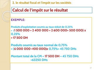 67
2. le résultat fiscal et l'impôt sur les sociétés
Calcul de l’impôt sur le résultat
EXEMPLE:
Produits d’exploitation soumis au taux réduit de 0,25%
= (1 500 000 + 2 400 000 + 2 600 000+ 500 000) x
0,25%
= 17 500 DH
Produits soumis au taux normal de 0,75%
= (6 000 000 +100 000)x 0,75%= 45 750 DHs
Montant total de la CM = 17 500 DH + 45 750 DHs
=63250 DHs
 