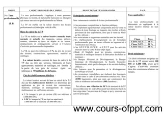 12
IMPOT CARACTERISTIQUES DE L’IMPOT DEDUCTIONS ET EXONERATIONS TAUX
3°/- Taxe
professionnelle
(T.P)
La taxe professionnelle s’applique à toute personne
physique ou morale, de nationalité marocaine ou étrangère
qui exerce une activité professionnelle au Maroc.
La TP est établie sur la valeur locative des locaux
professionnels et émise par voie de rôle.
Base de calcul de la TP
La TP est établie sur la valeur locative annuelle brute
normale et actuelle des magasins, usines, ateliers,
remises, chantiers et lieux de dépôts et de locaux,
emplacements et aménagements servant à l’exercice
d’activités professionnelles imposables.
La VL ne peut être inférieure à 3 % du prix de revient
des terrains, constructions, agencements, matériel et
outillages.
La valeur locative servant de base de calcul à la
TP due au titre des terrains, bâtiments et leurs
agencements, matériels et outillages, est limitée à
la partie de leur prix de revient égale ou
inférieure à 50 millions de dirhams.
Cas des établissements hôteliers :
La valeur locative servant de base au calcul de la T.P
due par les établissements hôteliers est déterminée par
application au prix de revient des constructions,
matériels, outillages et aménagements de chaque
établissement les cœfficients suivants :
2 % lorsque le prix de revient (PR) est inférieur à
3.000.000 DH ;
1,50 % lorsque le P R est égal ou supérieur à
3.000.000 DH et inférieur à 6.000.000 DH ;
Principales exonérations :
Sont notamment exonérés de la taxe professionnelle :
les personnes exerçant dans la fonction publique ;
les exploitants agricoles mais uniquement pour la vente en
dehors de toute boutique ou magasin, des récoltes et fruits
provenant de leur exploitation, ainsi que la vente de bétail
qu’ils y élèvent ;
les associations et organismes assimilés sans but lucratif ;
les établissements d’enseignement ou de formation
professionnelle pour les locaux affectés au logement et à
l’instruction des élèves ;
les O.P.C.V.M, O.P.C.R et F.P.C.T pour les activités
exercées dans le cadre de leur objet légal ;
Bank Al Maghrib, pour les terrains, constructions,
matériels et outillages servant à la fabrication des billets et
monnaies ;
la Banque Africaine de Développement, la Banque
Islamique de Développement, la Société financière
Internationale, ainsi que les banques et les sociétés holding
offshore ;
les Agences pour la promotion et le développement
économique et social ;
les promoteurs immobiliers qui réalisent des logements
sociaux dans le cadre d’une convention conclue avec l’Etat
(2.500 logements), ainsi que ceux qui construisent des
cités et résidences universitaires (500 chambres) ;
Par ailleurs, une réduction de 50 % du montant de la TP
est accordée pour les redevables ayant leur domicile fiscal ou
leur siège dans l’ex-province de Tanger et qui y exercent une
activité principale.
Taux applicables :
La taxe professionnelle est
déterminée en appliquant à la
valeur locative retenue les taux
suivants :
Classe Taux
Classe 3 (C3) 10 %
Classe 2 (C2) 20 %
Classe 1 (C1) 30 %
Droit minimum :
Un droit minimum est perçu au
titre de la TP variant entre 100
DH et 1.200 DH, selon qu’il
s’agisse d’activités exercées
dans des communes urbaines ou
rurales.
www.cours-ofppt.com
 