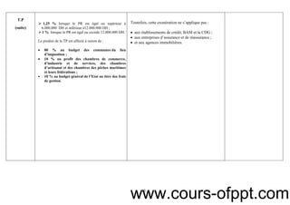 13
T.P
(suite)
1,25 % lorsque le PR est égal ou supérieur à
6.000.000 DH et inférieur à12.000.000 DH ;
1 % lorsque le PR est égal ou excède 12.000.000 DH.
Le produit de la TP est affecté à raison de :
• 80 % au budget des communes du lieu
d’imposition ;
• 10 % au profit des chambres de commerce,
d’industrie et de services, des chambres
d’artisanat et des chambres des pêches maritimes
et leurs fédérations ;
• 10 % au budget général de l’Etat au titre des frais
de gestion.
Toutefois, cette exonération ne s’applique pas :
• aux établissements de crédit, BAM et la CDG ;
• aux entreprises d’assurance et de réassurance ;
• et aux agences immobilières.
www.cours-ofppt.com
 