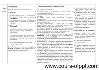 17
T.V.A
(suite)
3°/ Déclarations
2 types de déclarations sont prévus par la loi :
a - Mensuelle :
pour les redevables dont le CA taxable réalisé
au cours de l’année atteint ou dépasse
1.000.000 DH ;
pour toute personne n’ayant pas d’établissement
stable au Maroc et y effectuant des opérations
imposables.
b- Trimestrielle :
les redevables dont le CA taxable réalisé au
cours de l’année écoulée est inférieur à
1.000.000 DH ;
les redevables exploitant des établissements
saisonniers, ainsi que ceux exerçant une activité
périodique ou effectuant des opérations
occasionnelles ;
les nouveaux redevables pour la période de
l’année civile en cours.
Les redevables susvisés peuvent, sur option,
avant le 31 janvier, être imposés sous le
régime de la déclaration mensuelle.
2°) Exonérations avec droit à déduction (ADD) :
Elles concernent essentiellement :
les produits livrés et les prestations de services rendues à
l’exportation par les assujettis ;
les marchandises placées sous les régimes suspensifs en douane ;
les engrais ;
le matériel agricole (biens d’équipement et produits
phytosanitaires) ;
les opérations de vente, de réparation et de transformation portant
sur les bâtiments de mer ;
les biens d’investissement à inscrire dans un compte
d’immobilisation, acquis par les assujettis, pour une durée de 24
mois à compter de la date de leur début d’activité ;
les biens d’équipement acquis par les établissements
d’enseignement privé ou de formation professionnelle, pour une
durée de 24 mois à compter de la date de leur début d’activité ;
les véhicules neufs acquis par les exploitants de taxis ;
les opérations de constructions de locaux à usage exclusif
d’habitation dont la superficie et la VIT n’excédent pas
respectivement 100 m2
et 200.000 DH ;
les opérations de transport international et les prestations de services
qui lui sont liées ;
les acquisitions par les entreprises de transport international routier
d’autocars, de camions et de biens d’équipement y afférents (aussi
bien à l’intérieur qu’à l’importation), pour une durée de 24 mois à
compter de la date de leur début d’activité ;
certaines opérations et activités de Bank Al Maghrib telles
qu’énumérées par la loi;
les biens et services nécessaires à la production, par des sociétés
étrangères, de films tournés au Maroc ;
Les marchandises, travaux ou prestations qu’acquièrent ou dont
bénéficient auprès d’assujettis à la taxe, les missions diplomatiques
ou consulaires et leurs membres accrédités au Maroc, ayant le statut
diplomatique. Cette exonération concerne également les
organisations internationales et régionales, ainsi que leurs membres
accrédités au Maroc qui bénéficient du statut diplomatique (sous
réserve de réciprocité).
transactions portant sur les actions et
parts sociales émises par les
OPCVM ;
transactions relatives aux valeurs
mobilières effectuées par les sociétés
de bourse ;
opérations réalisées par le FEC et
celles afférentes aux emprunts et
avances accordés audit fonds ;
opérations effectuées par certaines
professions libérales (avocats,
interprètes, notaires, vétérinaires,
etc..) ;
péage dû sur les autoroutes.
d- Taux réduit de 7 % ADD pour :
certains produits de large
consommation (eau, gaz et huiles de
pétrole, produits pharmaceutiques,
fournitures scolaires, etc.) ;
le sucre raffiné ou aggloméré ;
les aliments de bétail ;
la voiture économique et tous les
produits et matières entrant dans sa
fabrication, ainsi que les prestations
de montage de ladite voiture sous
réserve des conditions prévues par la
loi.
www.cours-ofppt.com
 