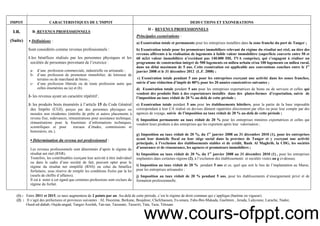 2
.
IMPOT CARACTERISTIQUES DE L’IMPOT DEDUCTIONS ET EXONERATIONS
I.R.
(Suite)
B- REVENUS PROFESSIONNELS
▪ Définitions :
Sont considérés comme revenus professionnels :
1-les bénéfices réalisés par les personnes physiques et les
sociétés de personnes provenant de l’exercice :
a- d’une profession commerciale, industrielle ou artisanale ;
b- d’une profession de promoteur immobilier, de lotisseur de
terrains ou de marchand de biens ;
c- d’une profession libérale ou de toute profession autre que
celles énumérées au (a) et (b).
2- les revenus ayant un caractère répétitif ;
3- les produits bruts énumérés à l’article 15 du Code Général
des Impôts (CGI), perçus par des personnes physiques ou
morales non résidentes (intérêts de prêts et autres placements à
revenu fixe, redevances, rémunérations pour assistance technique,
rémunérations pour la fourniture d’informations techniques,
scientifiques et pour travaux d’études, commissions et
honoraires, etc.).
▪ Détermination du revenu net professionnel :
Les revenus professionnels sont déterminés d’après le régime du
résultat net réel (RNR).
Toutefois, les contribuables exerçant leur activité à titre individuel
ou dans le cadre d’une société de fait, peuvent opter pour le
régime du résultat net simplifié (RNS) ou celui du bénéfice
forfaitaire, sous réserve de remplir les conditions fixées par la loi
(seuils de chiffre d’affaires).
Il est à noter à cet égard que certaines professions sont exclues du
régime du forfait.
II - REVENUS PROFESSIONNELS
Principales exonérations :
a) Exonération totale et permanente pour les entreprises installées dans la zone franche du port de Tanger ;
b) Exonération totale pour les promoteurs immobiliers relevant du régime du résultat net réel, au titre des
revenus afférents à la réalisation de logements à faible valeur immobilière (superficie couverte entre 50 et
60 m2et valeur immobilière n’excédant pas 140.000 DH, TVA comprise), qui s’engagent à réaliser un
programme de construction intégré de 500 logements en milieu urbain et/ou 100 logements en milieu rural,
dans un délai maximum de 5 ans. Cette exonération est applicable aux conventions conclues entre le 1er
janvier 2008 et le 31 décembre 2012 (L.F. 2008) ;
c) Exonération totale pendant 5 ans pour les entreprises exerçant une activité dans les zones franches,
suivie d’une réduction d’impôt de 80% pour les 20 années consécutives suivantes ;
d) Exonération totale pendant 5 ans pour les entreprises exportatrices de biens ou de services et celles qui
vendent des produits finis à des exportateurs installés dans des plates-formes d’exportation, suivie de
l’imposition au taux réduit de 20 % au-delà de cette période ;
e) Exonération totale pendant 5 ans pour les établissements hôteliers, pour la partie de la base imposable
correspondant à leur CA réalisé en devises dûment rapatriées directement par elles ou pour leur compte par des
agences de voyage, suivie de l’imposition au taux réduit de 20 % au-delà de cette période ;
f) Imposition permanente au taux réduit de 20 % pour les entreprises minières exportatrices et celles qui
vendent leurs produits à des entreprises qui les exportent après leur valorisation ;
g) Imposition au taux réduit de 20 %, du 1er
janvier 2008 au 31 décembre 2010 (1), pour les entreprises
ayant leur domicile fiscal ou leur siège social dans la province de Tanger et y exerçant une activité
principale, à l’exclusion des établissements stables et de crédit, Bank Al Maghrib, la CDG, les sociétés
d’assurance et de réassurance, les agences et promoteurs immobiliers ;
h) Imposition au taux réduit de 20 %, du 1er
janvier 2008 au 31 décembre 2010 (1) , pour les entreprises
implantées dans certaines régions (2), à l’exclusion des établissements et sociétés visées au g ci-dessus;
i) Imposition au taux réduit de 20 % pendant 5 ans et ce, quel que soit le lieu de l’implantation au Maroc,
pour les entreprises artisanales ;
j) Imposition au taux réduit de 20 % pendant 5 ans, pour les établissements d’enseignement privé et de
formation professionnelle.
(1) : Entre 2011 et 2015, ce taux augmentera de 2 points par an. Au-delà de cette période, c’est le régime de droit commun qui s’applique (barème en vigueur).
(2) : Il s’agit des préfectures et provinces suivantes : AL Hoceima, Berkane, Boujdour, Chefchaouen, Es-smara, Fahs-Bni-Makada, Guelmim , Jerada, Laâyoune, Larache, Nador,
Oued-ed-dahab, Oujda-angad, Tanger-Assilah, Tan-tan, Taounate, Taourirt, Tata, Taza, Tétouan.
www.cours-ofppt.com
 