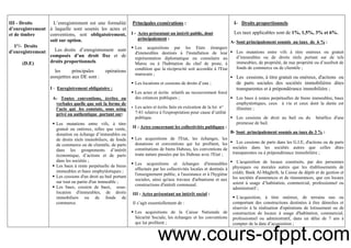 21
III - Droits
d’enregistrement
et de timbre
1°/- Droits
d’enregistrement
(D.E)
L’enregistrement est une formalité
à laquelle sont soumis les actes et
conventions, soit obligatoirement,
soit sur option.
Les droits d’enregistrement sont
composés d’un droit fixe et de
droits proportionnels.
les principales opérations
assujetties aux DE sont :
I - Enregistrement obligatoire :
A- Toutes conventions, écrites ou
verbales quelle que soit la forme de
l’acte qui les constate, sous seing
privé ou authentique portant sur:
Les mutations entre vifs, à titre
gratuit ou onéreux, telles que vente,
donation ou échange d’immeubles ou
de droits réels immobiliers, de fonds
de commerce ou de clientèle, de parts
dans les groupements d’intérêt
économique, d’actions et de parts
dans les sociétés ;
Les baux à rente perpétuelle de biens
immeubles et baux emphytéotiques ;
Les cessions d'un droit au bail portant
sur tout ou partie d'un immeuble ;
Les baux, cession de baux, sous-
location d'immeubles, de droits
immobiliers ou de fonds de
commerce.
Principales exonérations :
I - Actes présentant un intérêt public, dont
principalement :
Les acquisitions par les Etats étrangers
d'immeubles destinés à l'installation de leur
représentation diplomatique ou consulaire au
Maroc ou à l'habitation du chef de poste, à
condition que la réciprocité soit accordée à l'Etat
marocain ;
Les locations et cessions de droits d’eau ;
Les actes et écrits relatifs au recouvrement forcé
des créances publiques ;
Les actes et écrits faits en exécution de la loi n°
7-81 relative à l'expropriation pour cause d’utilité
publique.
II - Actes concernant les collectivités publiques :
Les acquisitions de l'Etat, les échanges, les
donations et conventions qui lui profitent, les
constitutions de biens Habous, les conventions de
toute nature passées par les Habous avec l'Etat ;
Les acquisitions et échanges d'immeubles
effectués par les collectivités locales et destinés à
l'enseignement public, à l'assistance et à l'hygiène
sociales, ainsi qu'aux travaux d'urbanisme et aux
constructions d'intérêt communal.
III - Actes présentant un intérêt social :
Il s’agit essentiellement de :
Les acquisitions de la Caisse Nationale de
Sécurité Sociale, les échanges et les conventions
qui lui profitent ;
I- Droits proportionnels
Les taux applicables sont de 1%, 1,5%, 3% et 6%.
A- Sont principalement soumis au taux de 6 % :
Les mutations entre vifs à titre onéreux ou gratuit
d’immeubles ou de droits réels portant sur de tels
immeubles, de propriété, de nue propriété ou d’usufruit de
fonds de commerce ou de clientèle ;
Les cessions, à titre gratuit ou onéreux, d'actions ou
de parts sociales des sociétés immobilières dites
transparentes et à prépondérance immobilière ;
Les baux à rentes perpétuelles de biens immeubles, baux
emphytéotiques, ceux à vie et ceux dont la durée est
illimitée ;
Les cessions de droit au bail ou du bénéfice d'une
promesse de bail.
B- Sont principalement soumis au taux de 3 % :
Les cessions de parts dans les G.I.E, d'actions ou de parts
sociales dans les sociétés autres que celles dites
transparentes ou à prépondérance immobilière ;
L'acquisition de locaux construits, par des personnes
physiques ou morales autres que les établissements de
crédit, Bank Al-Maghrib, la Caisse de dépôt et de gestion et
les sociétés d'assurances et de réassurances, que ces locaux
soient à usage d’habitation, commercial, professionnel ou
administratif ;
L'acquisition, à titre onéreux, de terrains nus ou
comportant des constructions destinées à être démolies et
réservés à la réalisation d'opérations de lotissement ou de
construction de locaux à usage d'habitation, commercial,
professionnel ou administratif, dans un délai de 7 ans à
compter de la date d’acquisition ;
www.cours-ofppt.com
 