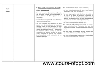 24
D.E
(suite)
V - Actes relatifs aux opérations de crédit :
Ce sont essentiellement :
les actes concernant les opérations effectuées
par la Banque Africaine de Développement et la
Banque Islamique de Développement et ses
succursales ;
les actes d'avances sur titres de fonds d'Etat et de
valeurs émises par le Trésor ;
les actes constatant les opérations de crédit
passées entre des particuliers et des organismes
bancaires, ainsi que les opérations de crédit
immobilier conclues entre les particuliers et les
sociétés de financement et celles passées entre
les entreprises et leurs salariés ou entre les
associations des œuvres sociales du secteur
public, semi-public ou privé et leurs adhérents
pour l’acquisition ou la construction de leur
habitation principale.
les marchés et traités réputés actes de commerce ;
les baux et locations, cessions de baux et sous-locations
d'immeubles ou de fonds de commerce ;
les actes de prorogation ou de dissolution de sociétés ou
de GIE qui ne portent ni obligation, ni libération, ni
transmission de biens meubles ou immeubles entre les
associés, les membres des GIE ou autres personnes et qui
ne donnent pas ouverture au droit proportionnel ;
les actes de constitution sans capital de GIE ;
les contrats de crédit-bail immobilier relatifs aux locaux à
usage professionnel ou d'habitation, ainsi que leur
résiliation en cours de bail par consentement mutuel des
parties ;
les actes relatifs aux opérations de crédit réalisées entre
les sociétés de financement et les particuliers ;
les actes de constitution et de mainlevée d’hypothèques et
de nantissement sur fonds de commerce.
www.cours-ofppt.com
 