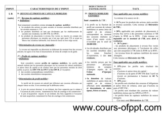 6
IMPOT CARACTERISTIQUES DE L’IMPOT
DEDUCTIONS ET
EXONERATIONS TAUX
I. R
(suite)
D - REVENUS ET PROFITS DE CAPITAUX MOBILIERS :
1°/ - Revenus de capitaux mobiliers :
▪ Définitions :
Sont notamment considérés comme revenus de capitaux mobiliers :
les produits des actions ou parts sociales et revenus assimilés distribués par
les sociétés soumises à l’IS ;
les produits distribués en tant que dividendes par les établissements de
sociétés non résidentes, les OPCVM, les OPCR ;
les produits de placements à revenu fixe versés ou inscrits en compte des
personnes physiques ou morales qui n’ont pas opté pour l’IS et ayant au
Maroc leur résidence habituelle, leur domicile fiscal ou leur siège social.
▪ Détermination du revenu net imposable :
Le revenu net imposable est déterminé en déduisant du montant brut des revenus
précités, les agios et les frais d’encaissement, de tenue de compte ou de garde.
2°/ - Profits de capitaux mobiliers :
▪ Définitions :
Sont considérés comme profits de capitaux mobiliers, les profits nets
annuels réalisés par les personnes physiques sur les cessions de valeurs mobilières
et autres titres de capital et de créance émis par les personnes morales de droit
public ou privé, les OPCVM, les FPCT et les OPCR, à l’exception :
des sociétés à prépondérance immobilière ;
des sociétés immobilières transparentes.
▪ Détermination du profit mobilier :
Le profit net de cession est calculé par référence aux cessions effectuées sur
chaque valeur ou titre. Il est constitué par la différence entre :
le prix de cession diminué, le cas échéant, des frais supportés par le cédant à
l’occasion de cette cession, notamment les frais de courtage et de commission ;
le prix d’acquisition majoré, le cas échéant, des frais supportés à l’occasion
de toute acquisition, notamment les frais de courtage et de commission.
IV- PROFITS MOBILIERS
EXONERES :
Sont exonérés de l’IR :
le profit ou la fraction de
profit sur cessions de valeurs
mobilières et autres titres de
capital et de créance
correspondant au montant
des cessions réalisées au
cours d’une année civile,
n’excédant pas le seuil de
28.000 DH ;
les dividendes distribués par
les sociétés installées dans
les zones franches
d’exportation, à des non
résidents ;
les intérêts perçus par les
personnes physiques
titulaires de comptes
d’épargne auprès de la
Caisse d’épargne
nationale ;
la donation de valeurs
mobilières et autres titres de
capital ou de créance
effectuée entre ascendants
et descendants, et entre
époux, frères et sœurs.
Taux applicables aux revenus mobiliers :
La retenue à la source est de :
▪ 10 % pour les produits des actions, parts sociales
et revenus assimilés. Cette retenue est libératoire
de l’IR ;
▪ 20% applicable aux produits de placements à
revenu fixe servis à des personnes soumises à l’IR
d’après le RNR ou le RNS. Cette retenue est
imputable sur le montant de l’IR, avec droit à
restitution.
30 % pour :
- les produits de placements à revenu fixe versés
aux personnes physiques, à l’exclusion de celles
qui sont assujetties à l’IR selon le RNR ou le RNS ;
- les revenus bruts de capitaux mobiliers de source
étrangère.
Cette retenue est libératoire de l’IR.
Taux applicables aux profits mobiliers :
15% pour les profits nets résultant des
cessions :
- d’actions et autres titres de capital ;
- d’actions ou de parts d’OPCVM dont l’actif est
investi en permanence à hauteur de 60 %
d’actions.
20% pour :
- les profits nets résultant des cessions d’obligations
et autres titres de créance, ainsi que d’actions ou
parts d’OPCVM ;
- les profits nets résultant des cessions de valeurs
mobilières émises par les OPCR et FPCT ;
- les profits bruts de capitaux mobiliers de source
étrangère.
Ces taux sont libératoires de l’IR.
www.cours-ofppt.com
 