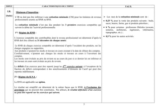 IMPOT                                   CARACTERISTIQUES DE L’IMPOT                                                                   TAUX

 I.R.      Minimum d’imposition :
(Suite)                                                                                                          Les taux de la cotisation minimale sont de :
          L’IR ne doit pas être inférieur à une cotisation minimale (CM) pour les titulaires de revenus
          professionnels soumis au RNR ou RNS.                                                                • 0,25 % pour la vente des produits suivants : huile,
                                                                                                                sucre, beurre, farine, gaz et produits pétroliers ;
          La cotisation minimale n’est pas due pendant les 3 premiers exercices comptables qui
          suivent le début de l’activité professionnelle.                                                     • 6 % pour certaines professions libérales (avocats,
                                                                                                                notaires, architectes, ingénieurs, vétérinaires,
          1°/- Régime du RNR :                                                                                  topographes, etc.) ;
                                                                                                              • 0,5 % pour les autres activités.
          L’exercice comptable des contribuables dont le revenu professionnel est déterminé d’après le
          RNR doit être clôturé au 31 décembre de chaque année.

           Le RNR de chaque exercice comptable est déterminé d’après l’excédent des produits, sur les
          charges engagées ou supportées.
          Aux produits s’ajoutent les stocks et travaux en cours existant à la date de clôture des comptes.
          Corrélativement, s’ajoutent aux charges les stocks et travaux en cours à l’ouverture des
          comptes.
          Les stocks sont évalués au prix de revient ou au cours du jour si ce dernier lui est inférieur et
          les travaux en cours sont évalués au prix de revient.

          Le déficit d’un exercice peut être reporté jusqu’au 4ème exercice suivant, à l’exception de la
          fraction du déficit correspondant à des amortissements d’éléments de l’actif qui peut être
          reportée indéfiniment.

          2°/- Régime du R.N.S. :

          Le RNS est applicable sur option.

          Le résultat net simplifié est déterminé de la même façon que le RNR, à l’exclusion des
          provisions qui ne peuvent être constituées. Par ailleurs, le résultat déficitaire d’un exercice
          ne peut être reporté sur les exercices qui suivent.




                                                                                       3
 